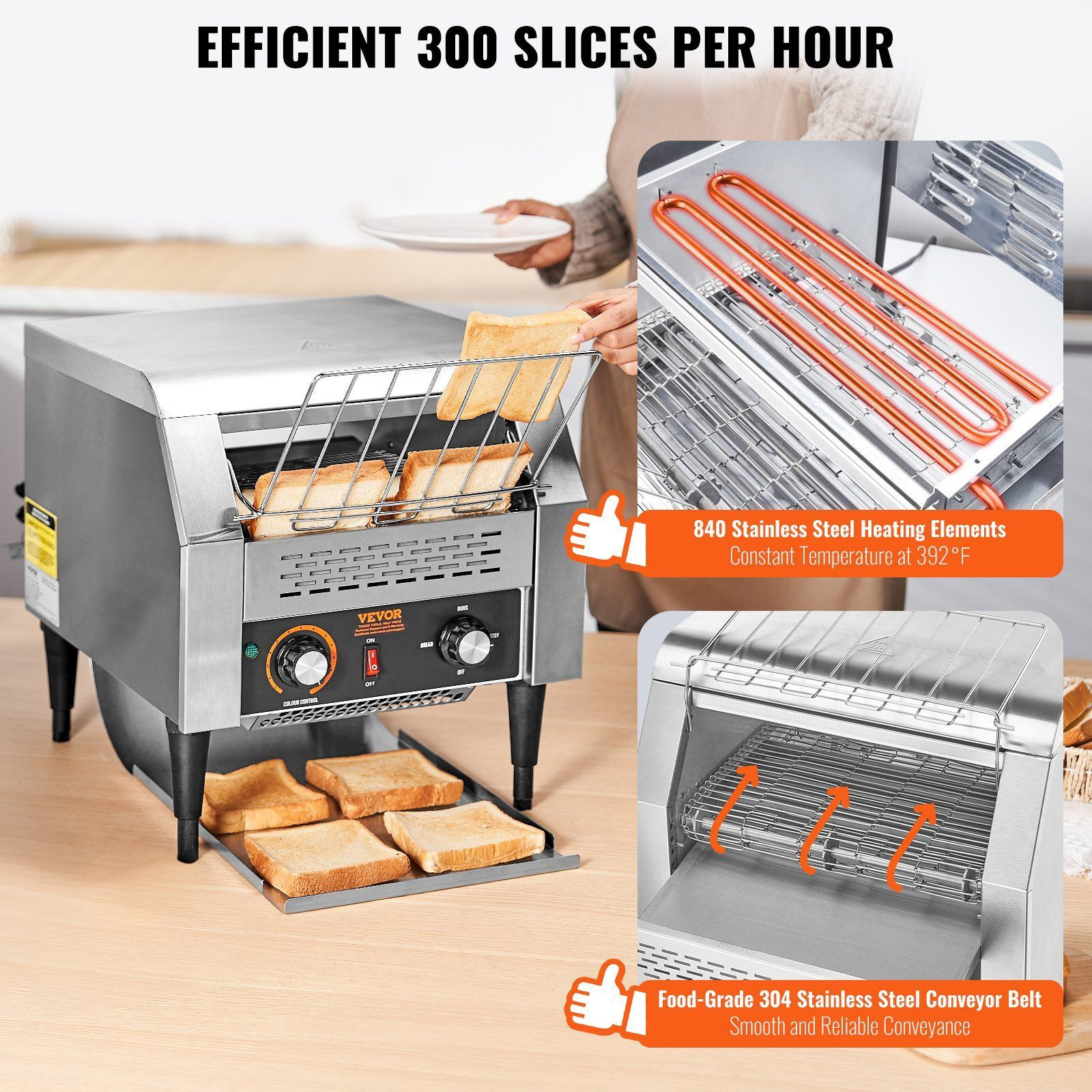 VEVOR Commercial Conveyor Toaster, 300 Slices/Hour Conveyor Belt Toaster, Heavy Duty Stainless Steel Commercial Toaster Oven, Electric Restaurant Commercial Toaster for Toast Bun, Bagel, Bread