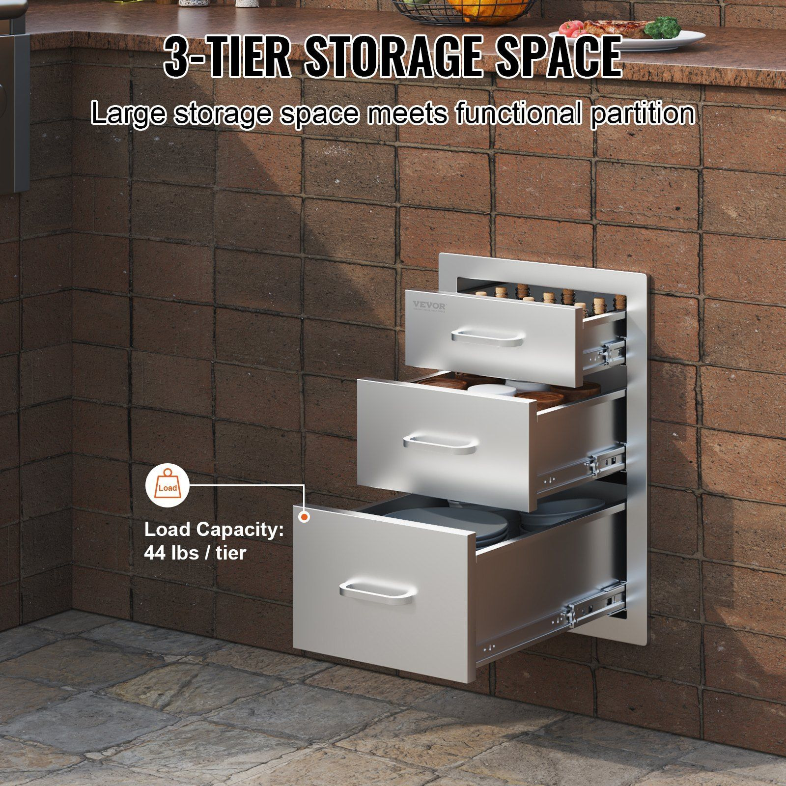 VEVOR Outdoor Kitchen Drawers 14" W x 20.3" H x 23" D, Flush Mount Triple Access BBQ Drawers Stainless Steel with Handle, BBQ Island Drawers for Outdoor Kitchens or Patio Grill Station