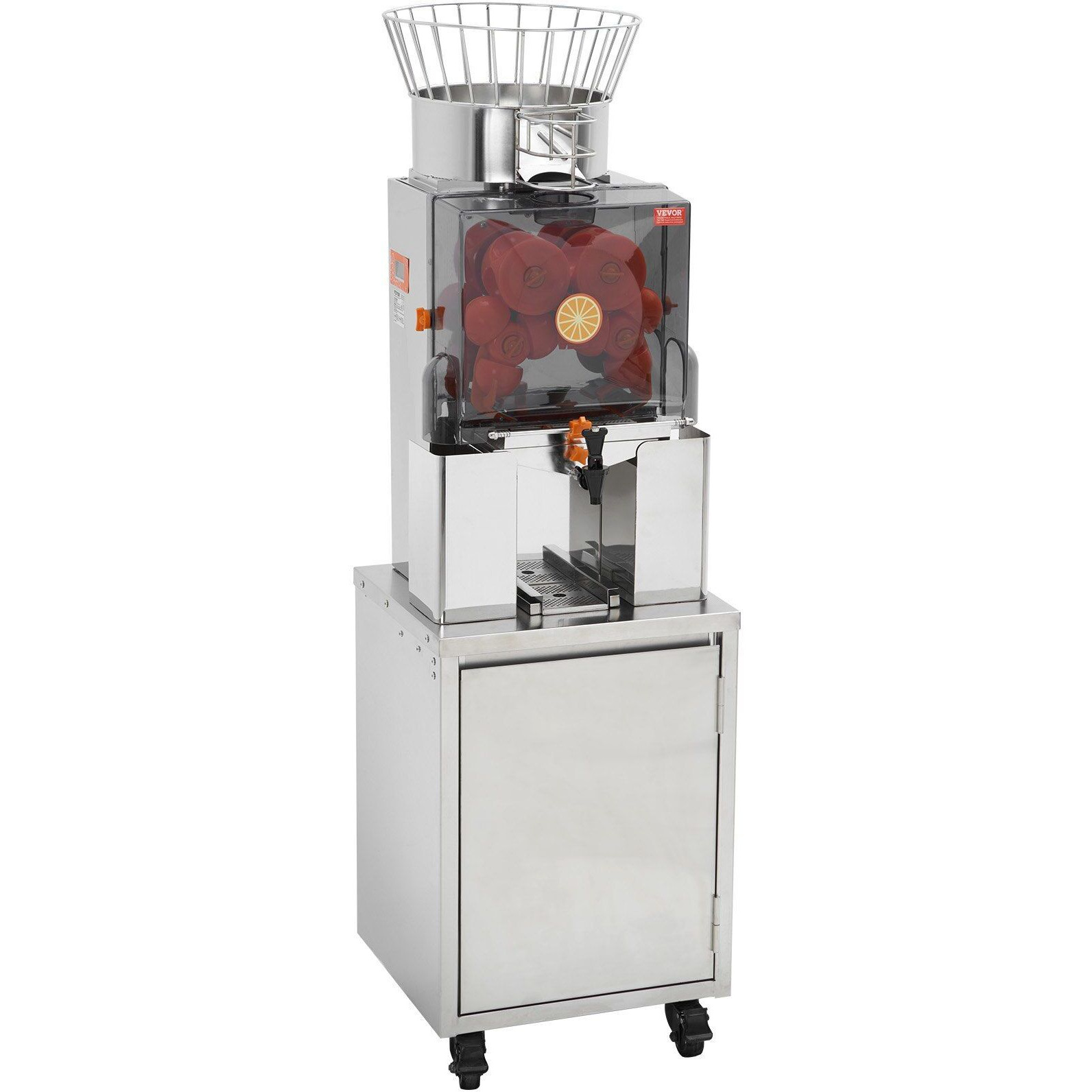 VEVOR Commercial Orange Juicer, 120W Automatic Feeding Juice Extractor with Water Tap, Stainless Steel Juicer Machine 25 Oranges/Minute, with Pull-Out Filter Box, PC Cover, 3 Peel Collecting Buckets