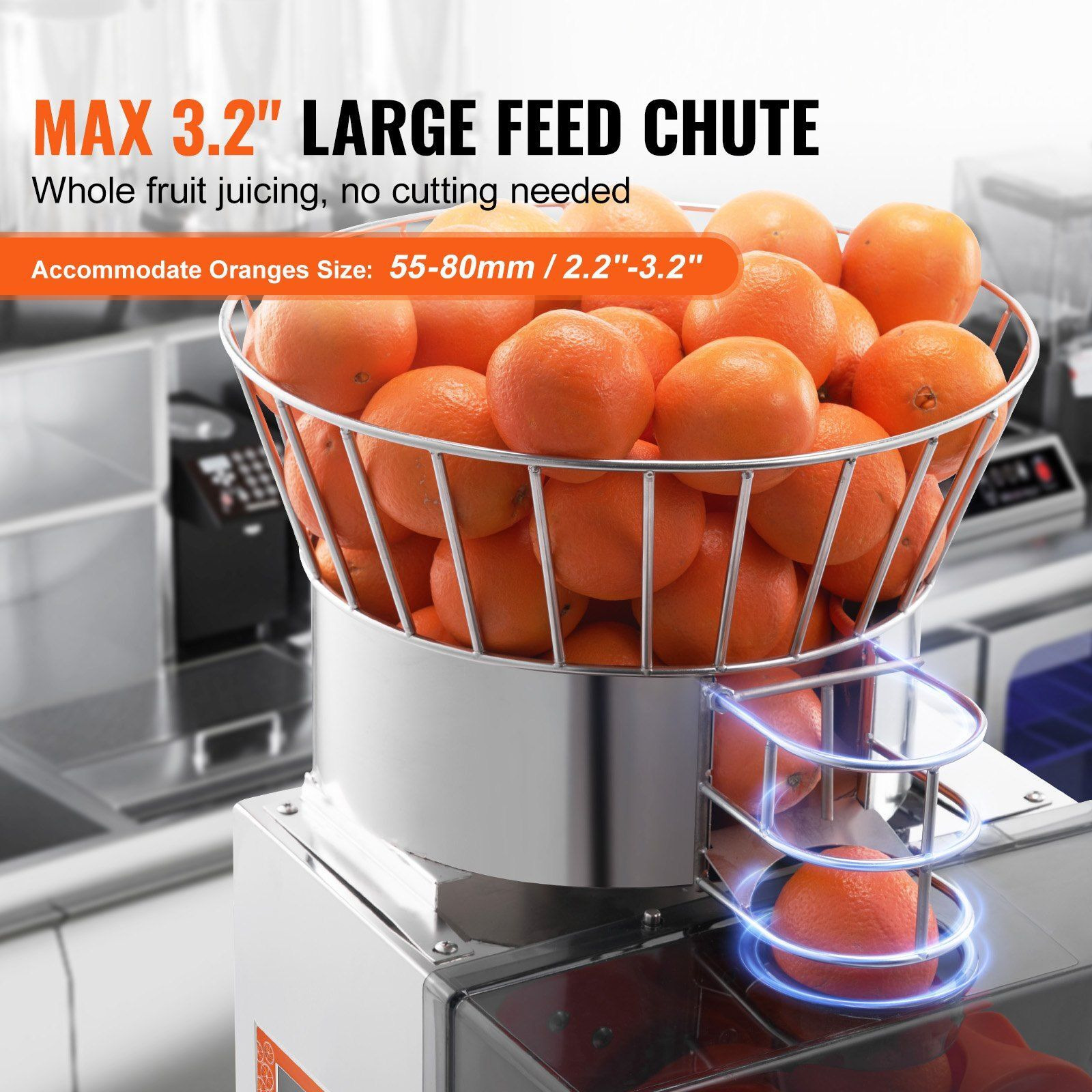 VEVOR Commercial Orange Juicer, 120W Automatic Feeding Juice Extractor with Water Tap, Stainless Steel Juicer Machine 25 Oranges/Minute, with Pull-Out Filter Box, PC Cover, 3 Peel Collecting Buckets