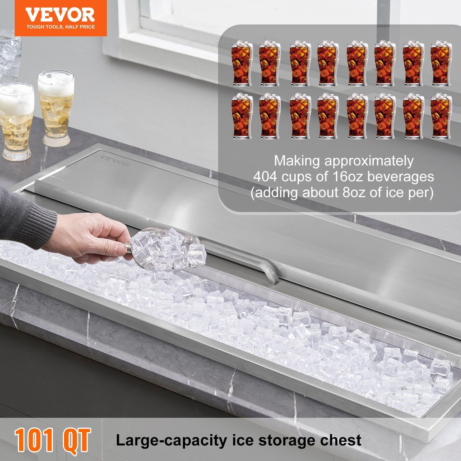 VEVOR Drop in Ice Chest, 36&quotL x 18&quotW x 14&quotH Stainless Steel Ice Cooler, Commercial Ice Bin with Sliding Cover, 40.9 qt Outdoor Kitchen Ice Bar, Drain-pipe and Drain Plug Included, for Cold Wine Beer