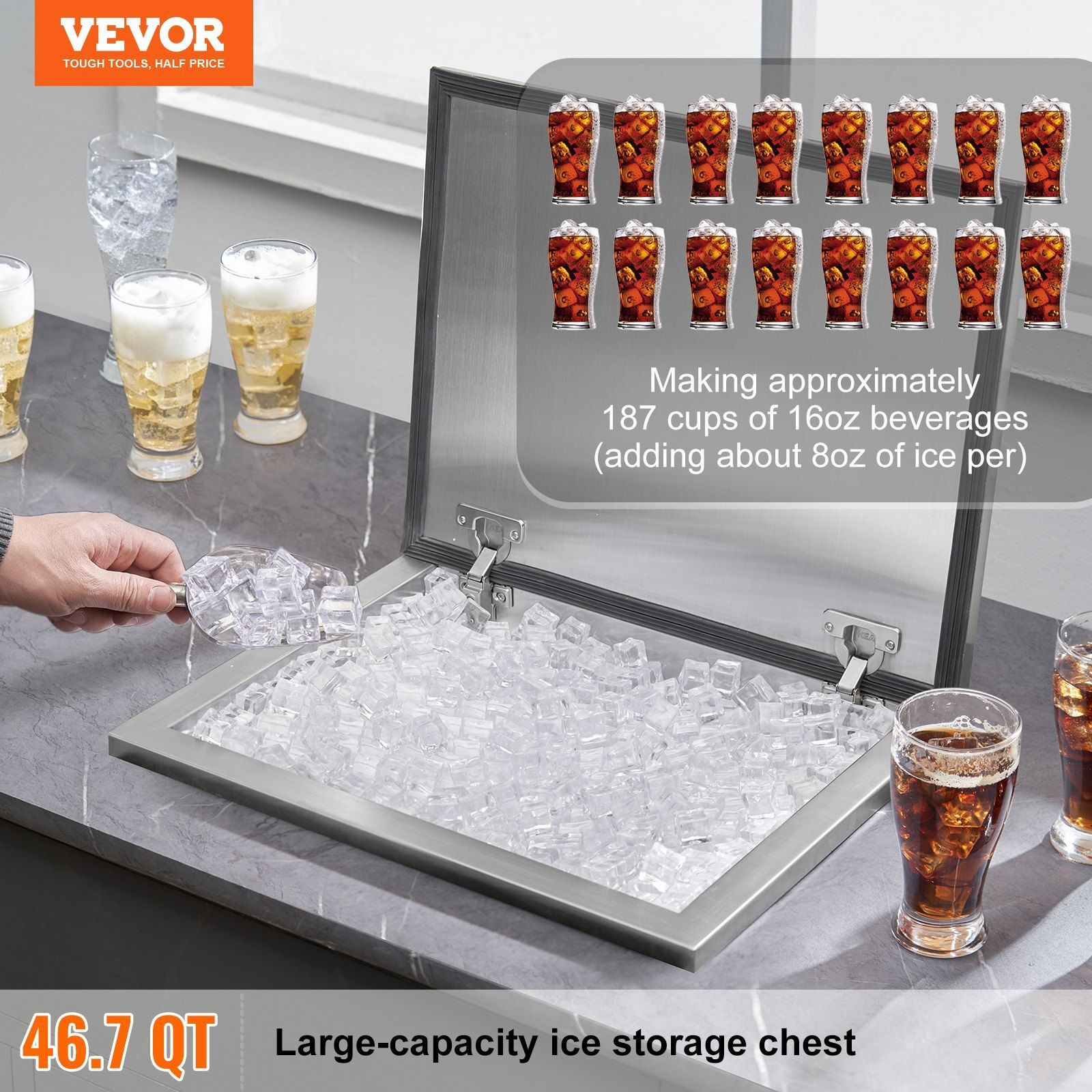 VEVOR Drop in Ice Chest, 20&quotL x 16&quotW x 13&quotH Stainless Steel Ice Cooler, Commercial Ice Bin with Hinged Cover, 40 qt Outdoor Kitchen Ice Bar, Drain-pipe and Drain Plug Included, for Cold Wine Beer