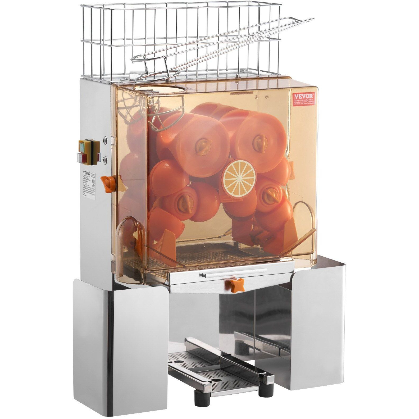 VEVOR Commercial Orange Juicer Machine, 120W Automatic Juice Extractor, Stainless Steel Orange Squeezer for 20 Oranges Per Minute, with Pull-Out Filter Box, PC Cover, 2 Peel Collecting Buckets