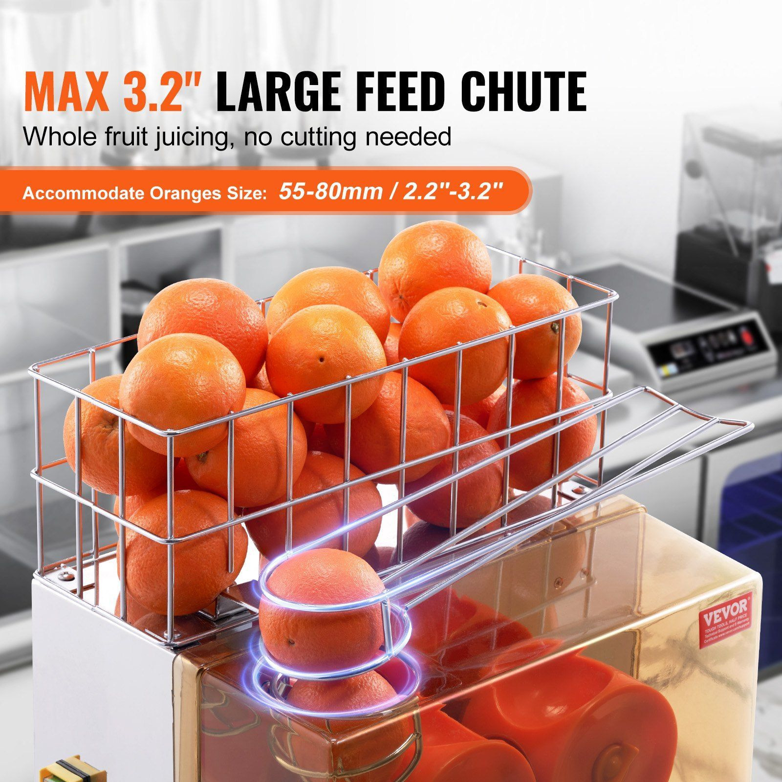 VEVOR Commercial Orange Juicer Machine, 120W Automatic Juice Extractor, Stainless Steel Orange Squeezer for 20 Oranges Per Minute, with Pull-Out Filter Box, PC Cover, 2 Peel Collecting Buckets