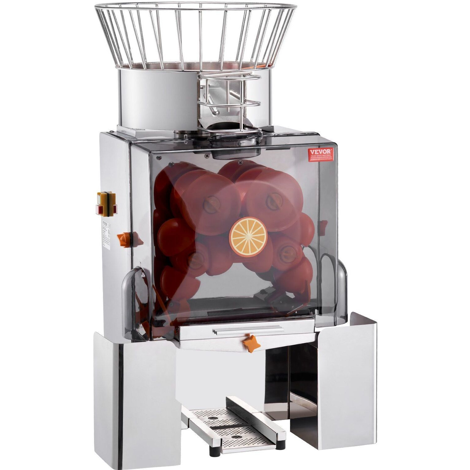 VEVOR Commercial Orange Juicer Machine, 120W Automatic Feeding Juice Extractor, Stainless Steel Juice Extractor for 25 Oranges Per Minute, with Pull-Out Filter Box, PC Cover, 2 Peel Collecting Buckets