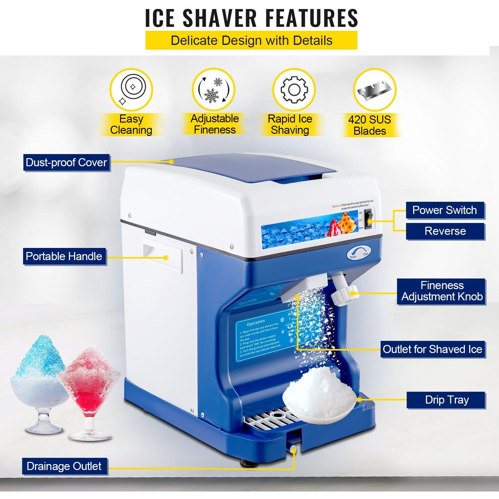 VEVOR 110V Electric Shaved Ice Machine 250W Snow Cone Maker Tabletop w/Adjustable Ice Texture, Ice Shaving Machine 265LBs/hr for Home and Commerical Use