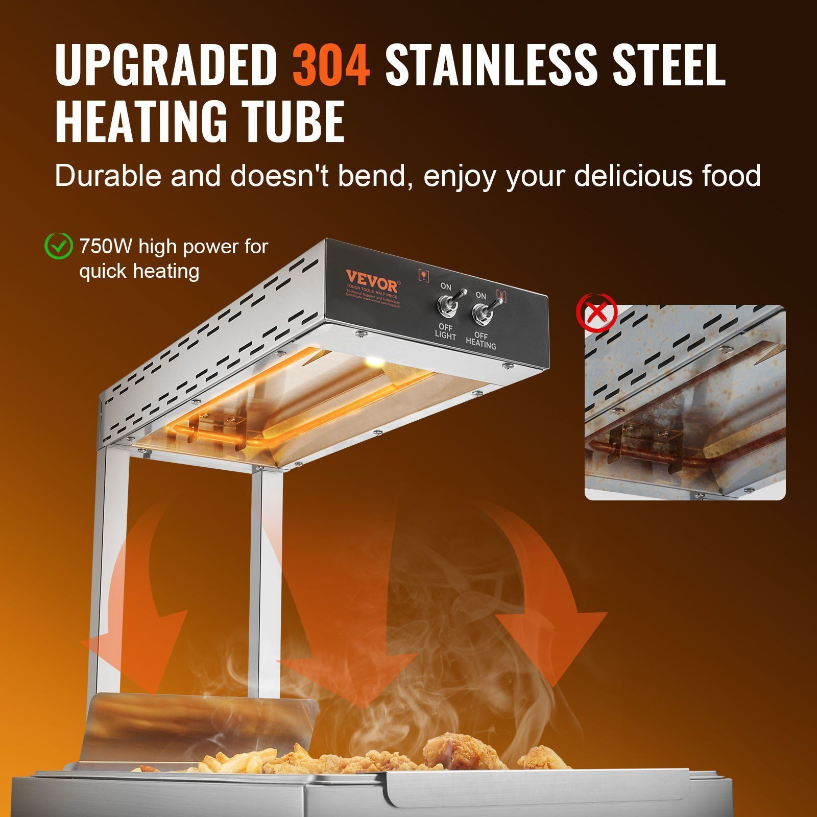 VEVOR French Fry Food Warmer, 750W Commercial Food Heating Lamp, Electric Stainless Steel Warming Light Dump Station, Countertop 104-122F Fries Food Warmer for Chip Buffet Kitchen Restaurant, Silver