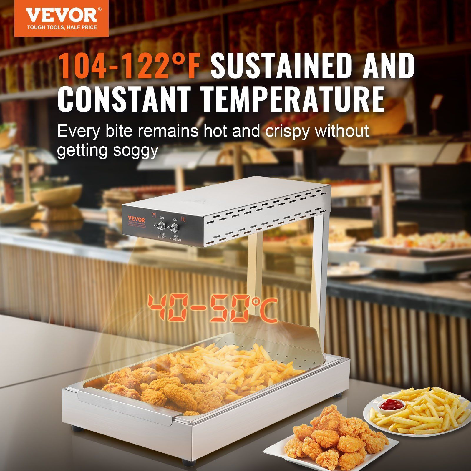 VEVOR French Fry Food Warmer, 750W Commercial Food Heating Lamp, Electric Stainless Steel Warming Light Dump Station, Countertop 104-122F Fries Food Warmer for Chip Buffet Kitchen Restaurant, Silver