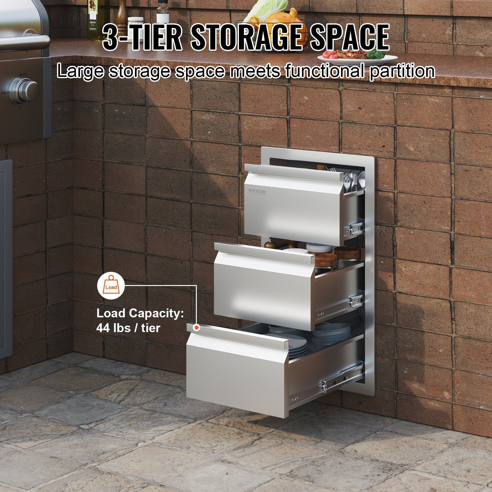 VEVOR Outdoor Kitchen Drawers 14.7" W x 25.4" H x 18.7" D, Box Frame Style Flush Mount BBQ Drawers with Stainless Steel Handle, BBQ Island Drawers for Outdoor Kitchens or Patio Grill Station