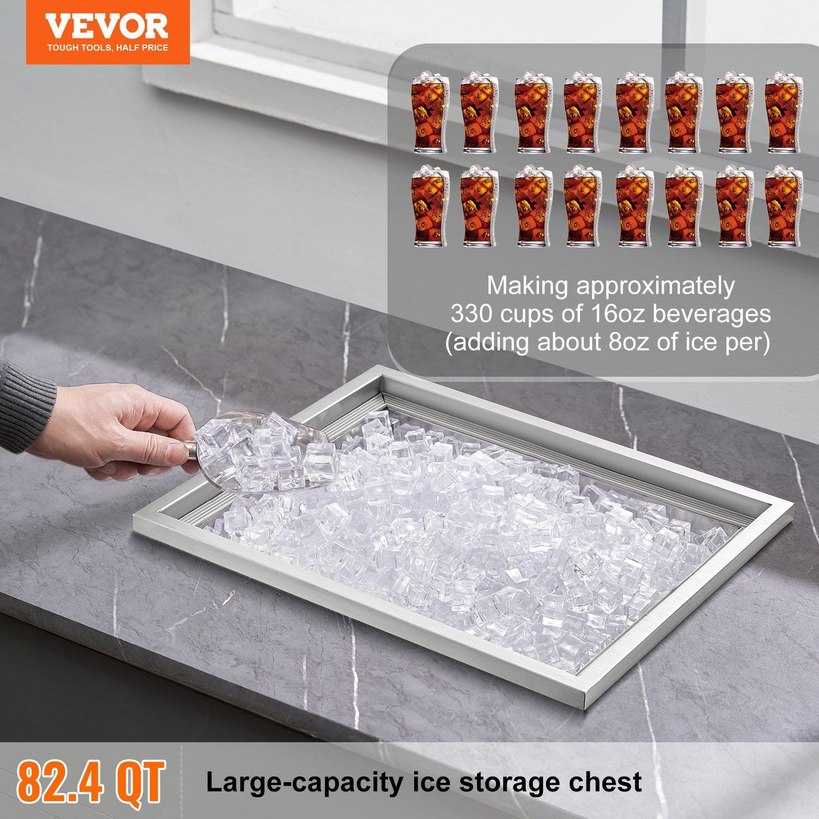 VEVOR Drop in Ice Chest, 21&quotL x 17&quotW x 18&quotH Stainless Steel Ice Cooler, Commercial Ice Bin with Cover, 40 qt Outdoor Kitchen Ice Bar, Drain-pipe and Drain Plug Included, for Cold Wine Beer