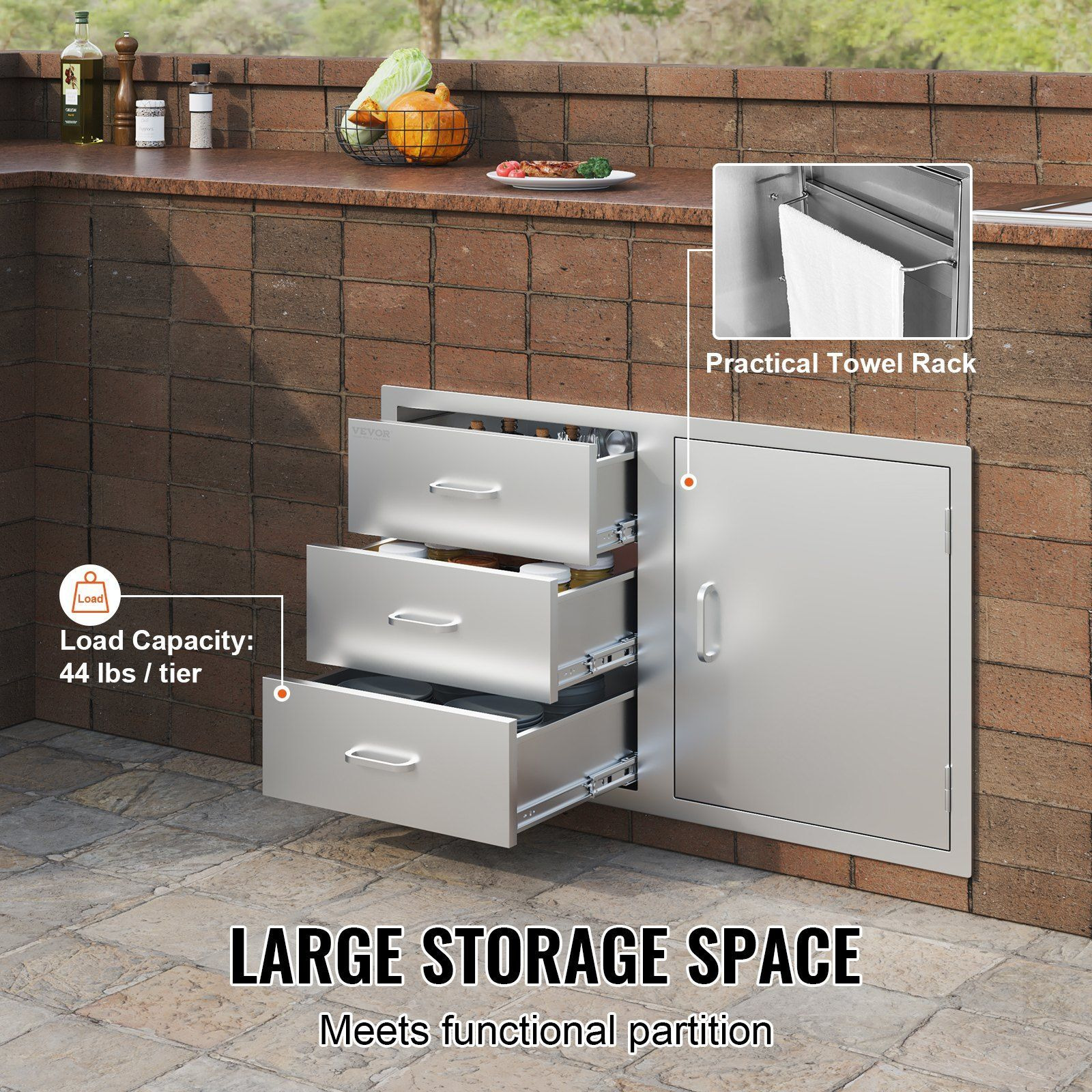 VEVOR Outdoor Kitchen Door Drawer Combo 38.1''W x 22.6''H x 20.8''D, BBQ Access Door/Triple Drawers Combo with Stainless Steel Handles, Perfect for BBQ Island Patio Grill Station
