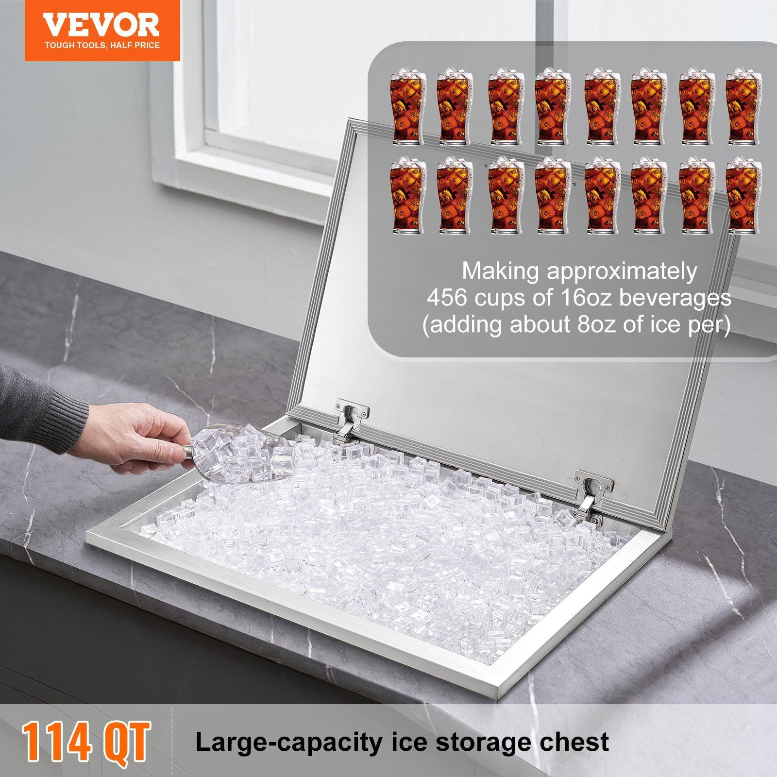 VEVOR Drop in Ice Chest, 28&quotL x 20&quotW x 17&quotH Stainless Steel Ice Cooler, Commercial Ice Bin with Hinged Cover, 40 qt Outdoor Kitchen Ice Bar, Drain-pipe and Drain Plug Included, for Cold Wine Beer