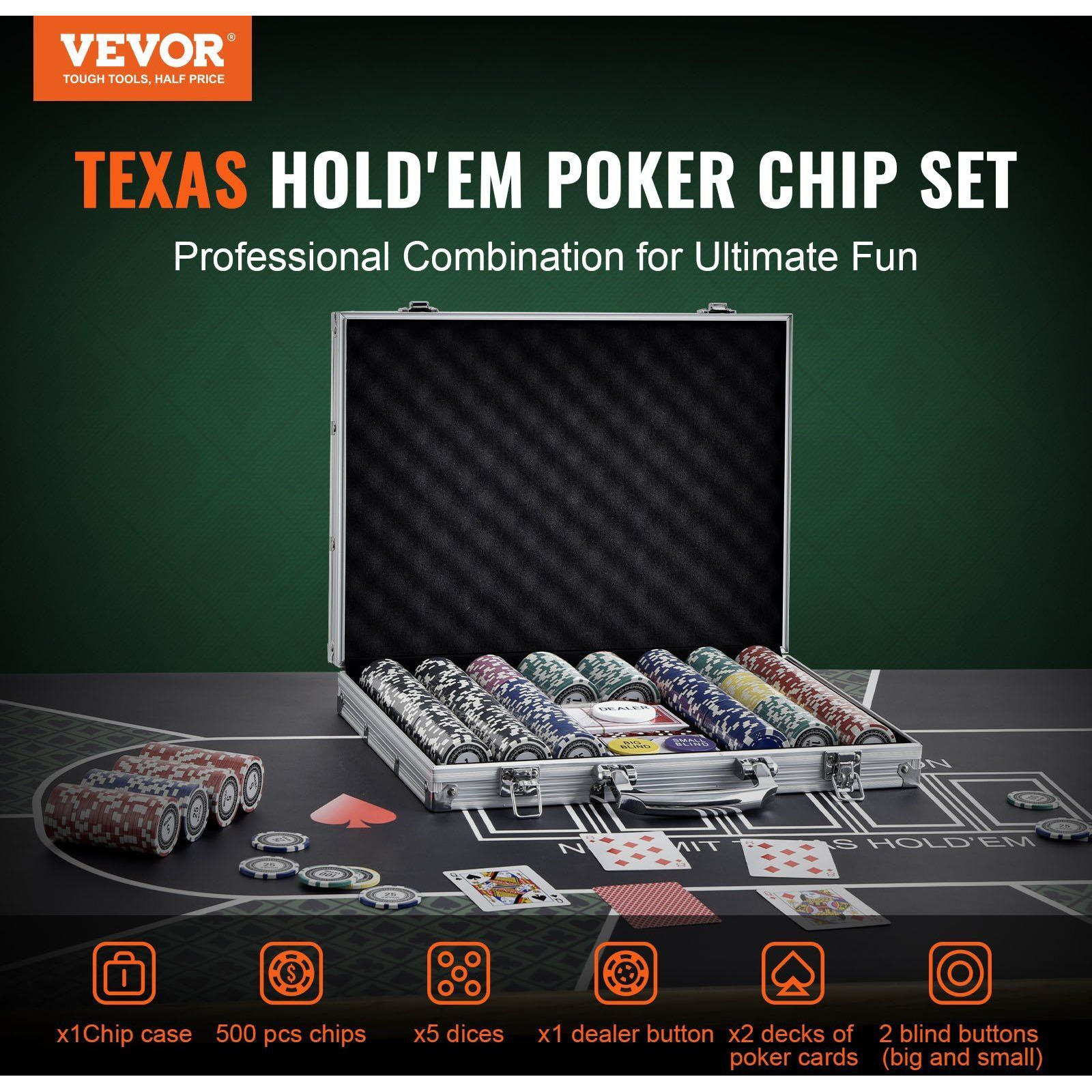 VEVOR Poker Chip Set, 500-Piece Poker Set, Complete Poker Playing Game Set with Aluminum Carrying Case, 11.5 Gram Casino Chips, Cards, Buttons and Dices, for Texas Hold'em, Blackjack, Gambling