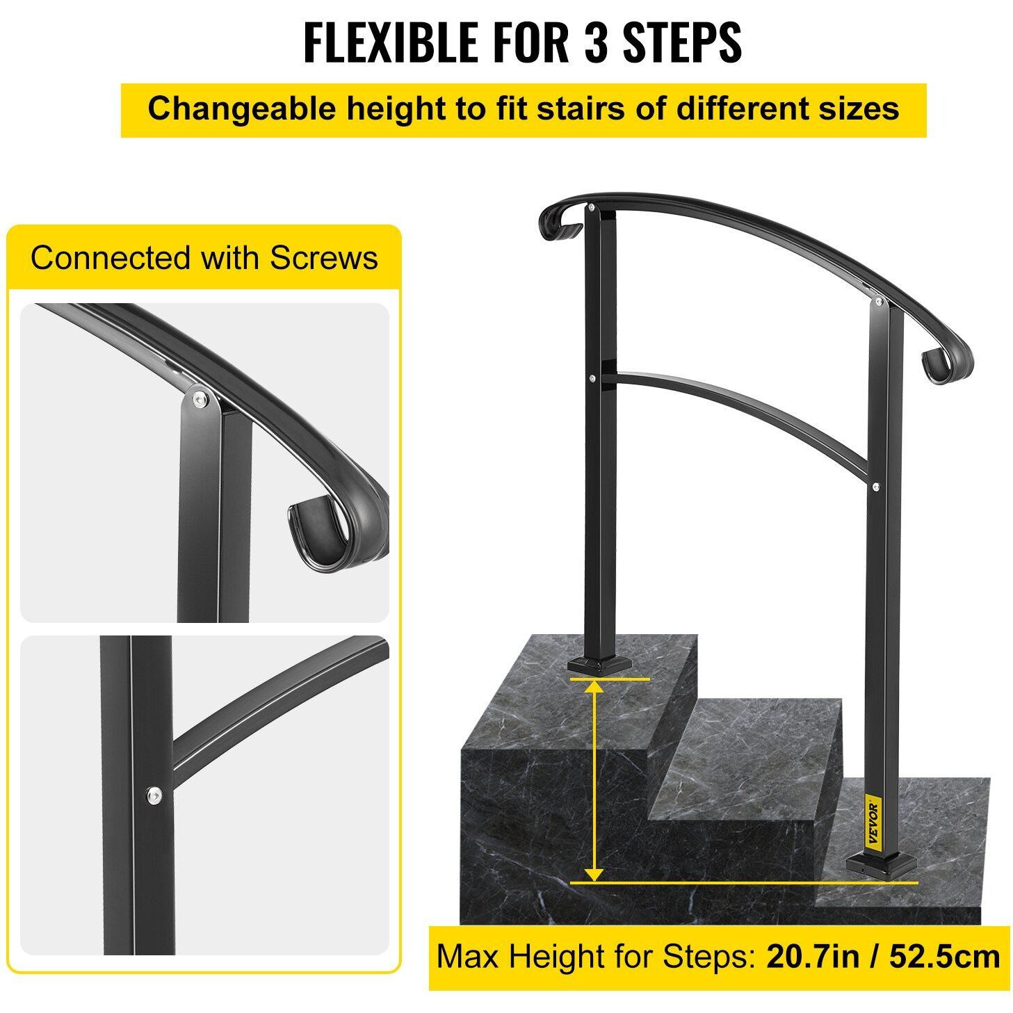 VEVOR 3-Step Transitional Handrail Fits 1 or 3 Steps Matte Stair Rail Wrought Iron Handrail with Installation Kit Hand Rails for Outdoor Steps (Unadjustable) (Black)