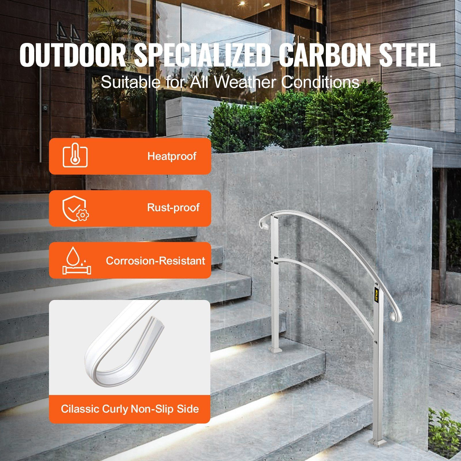 VEVOR Handrails for Outdoor Steps, Fit 1 or 3 Steps Outdoor Stair Railing, White Wrought Iron Handrail, Flexible Front Porch Hand Rail, Transitional Handrails for Concrete Steps or Wooden Stairs