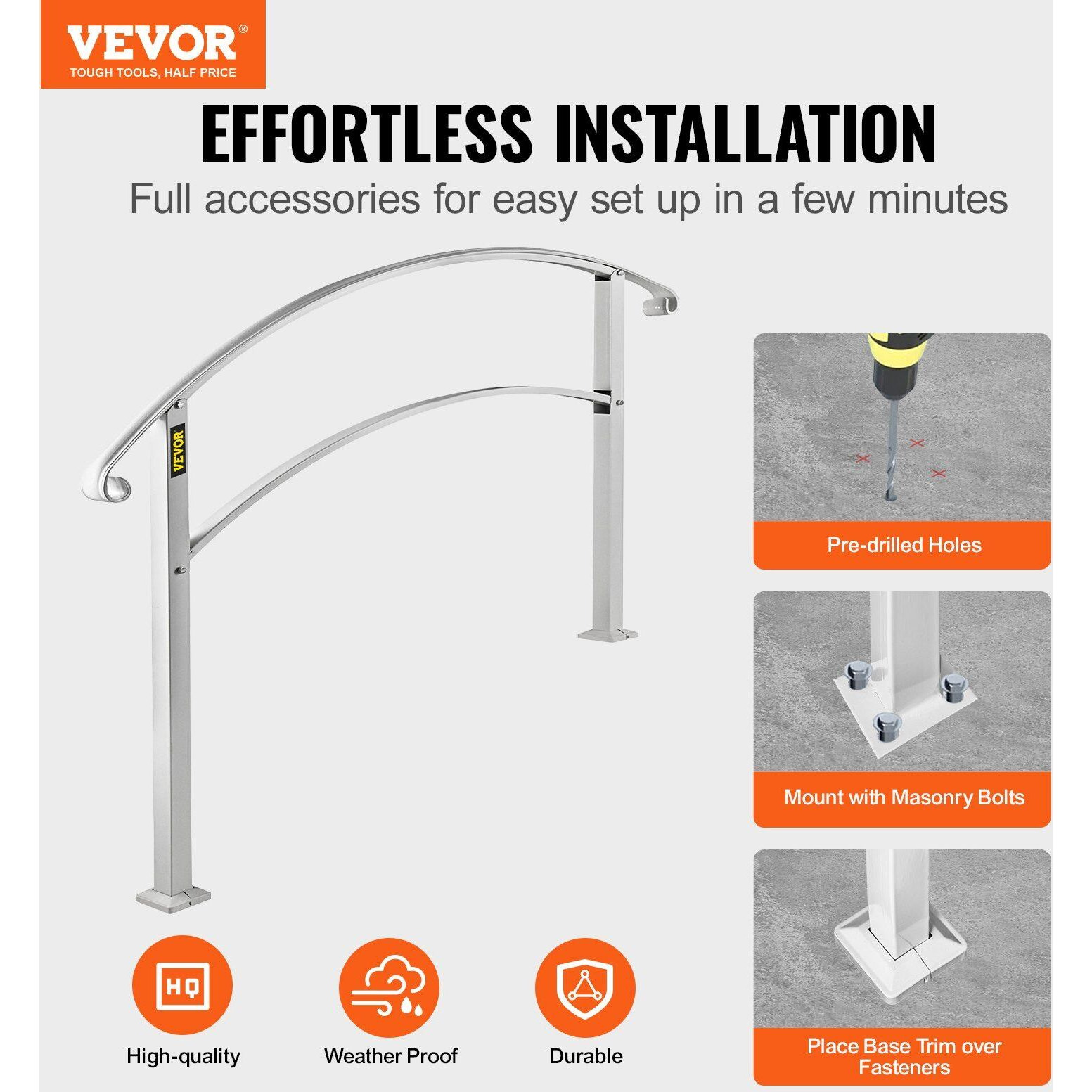 VEVOR Handrails for Outdoor Steps, Fit 1 or 3 Steps Outdoor Stair Railing, White Wrought Iron Handrail, Flexible Front Porch Hand Rail, Transitional Handrails for Concrete Steps or Wooden Stairs