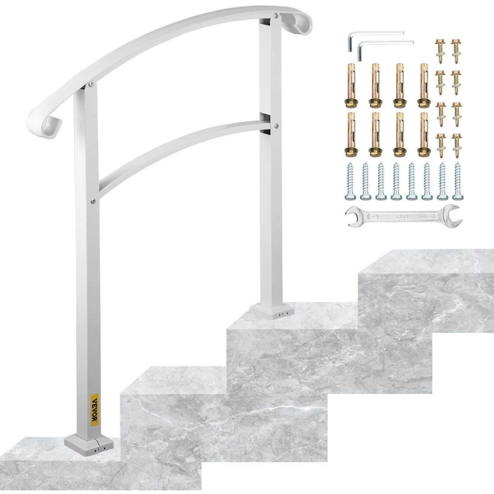 VEVOR 3-Step Handrails for Outdoor Steps Fits 1 or 3 Steps Matte White Stair Rail Wrought Iron Handrail with Installation Kit Hand Rails for Outdoor Step