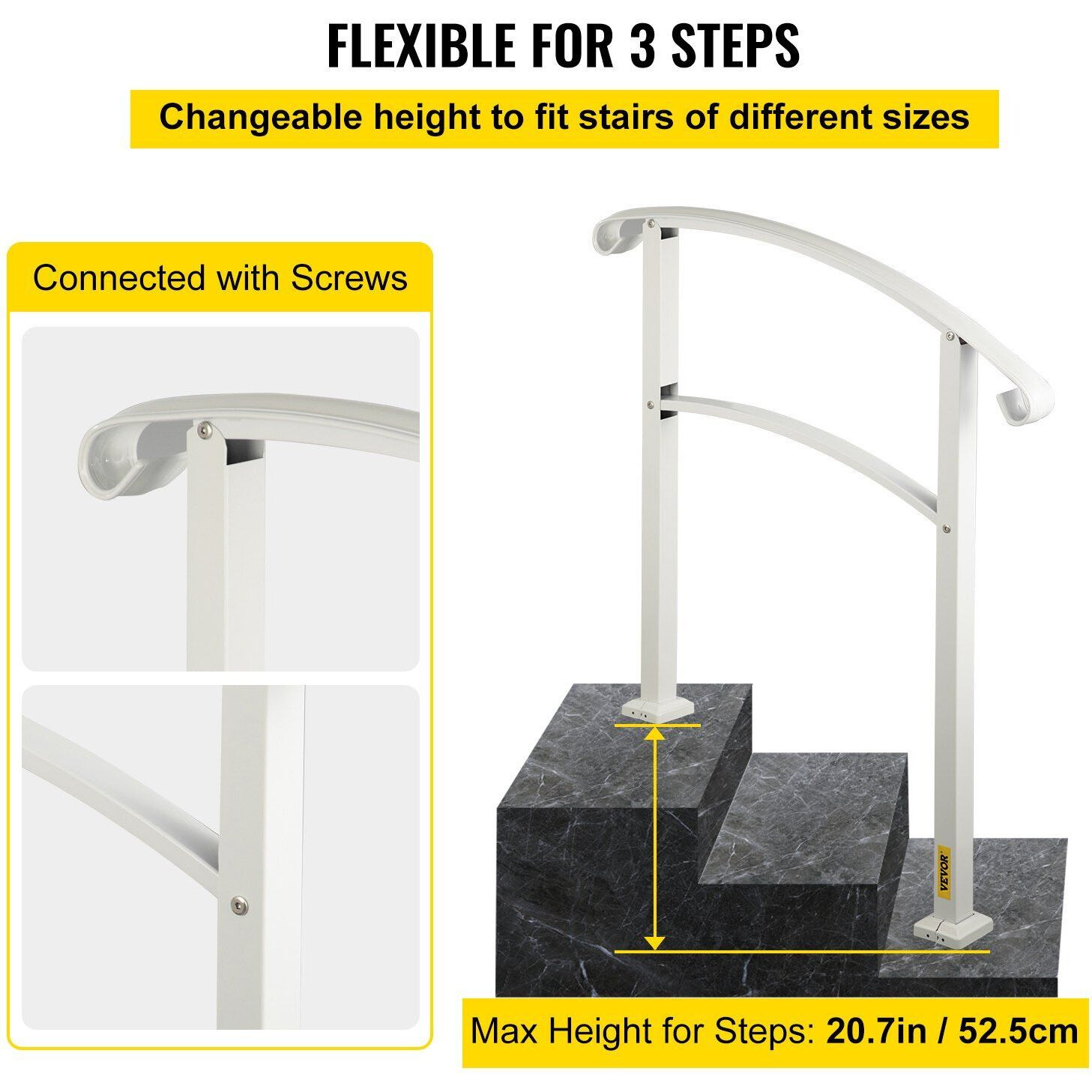 VEVOR 3-Step Handrails for Outdoor Steps Fits 1 or 3 Steps Matte White Stair Rail Wrought Iron Handrail with Installation Kit Hand Rails for Outdoor Step