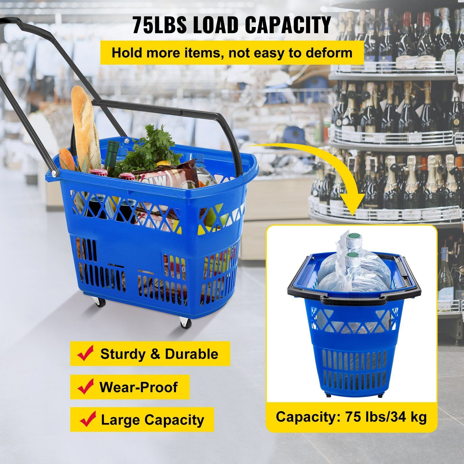 VEVOR 6PCS Shopping Carts, Blue Shopping Baskets with Handles, Plastic Rolling Shopping Basket with Wheels, Portable Shopping Basket Set for Retail Store