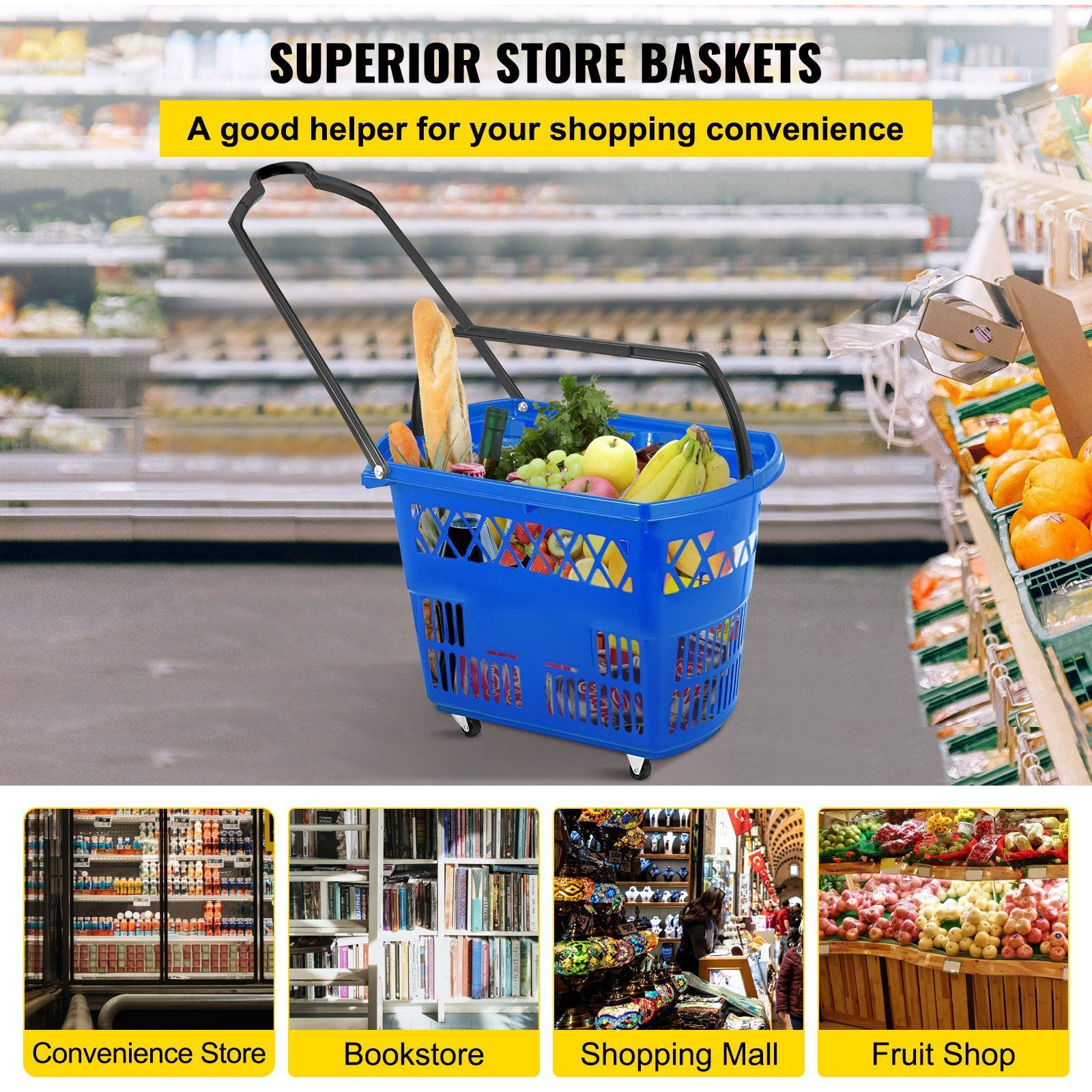 VEVOR 6PCS Shopping Carts, Blue Shopping Baskets with Handles, Plastic Rolling Shopping Basket with Wheels, Portable Shopping Basket Set for Retail Store