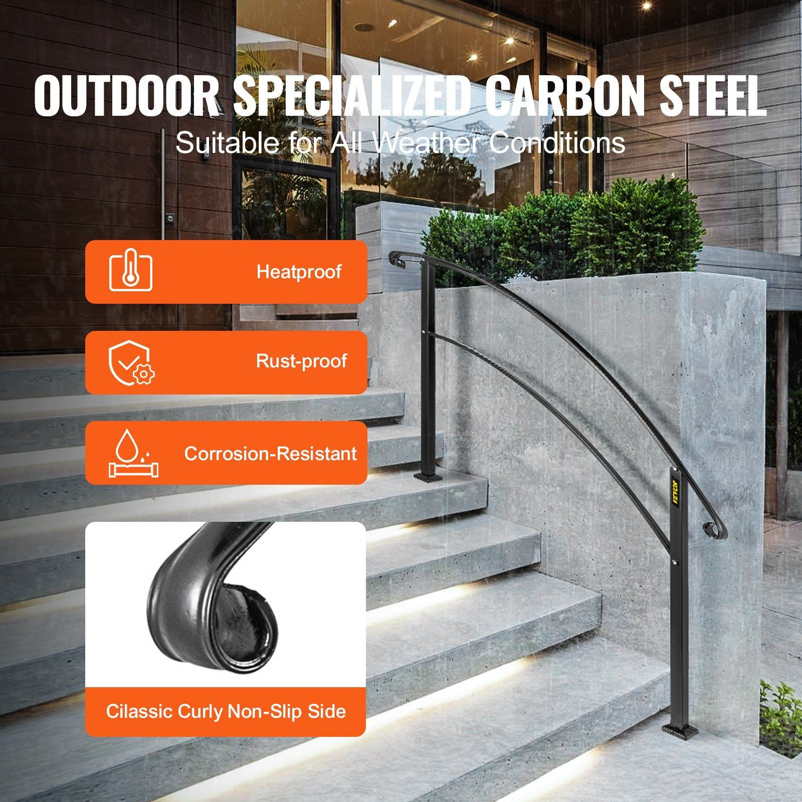 VEVOR Handrails for Outdoor Steps, Fit 1 or 5 Steps Outdoor Stair Railing, Black Wrought Iron Handrail, Flexible Front Porch Hand Rail, Transitional Handrails for Concrete Steps or Wooden Stairs