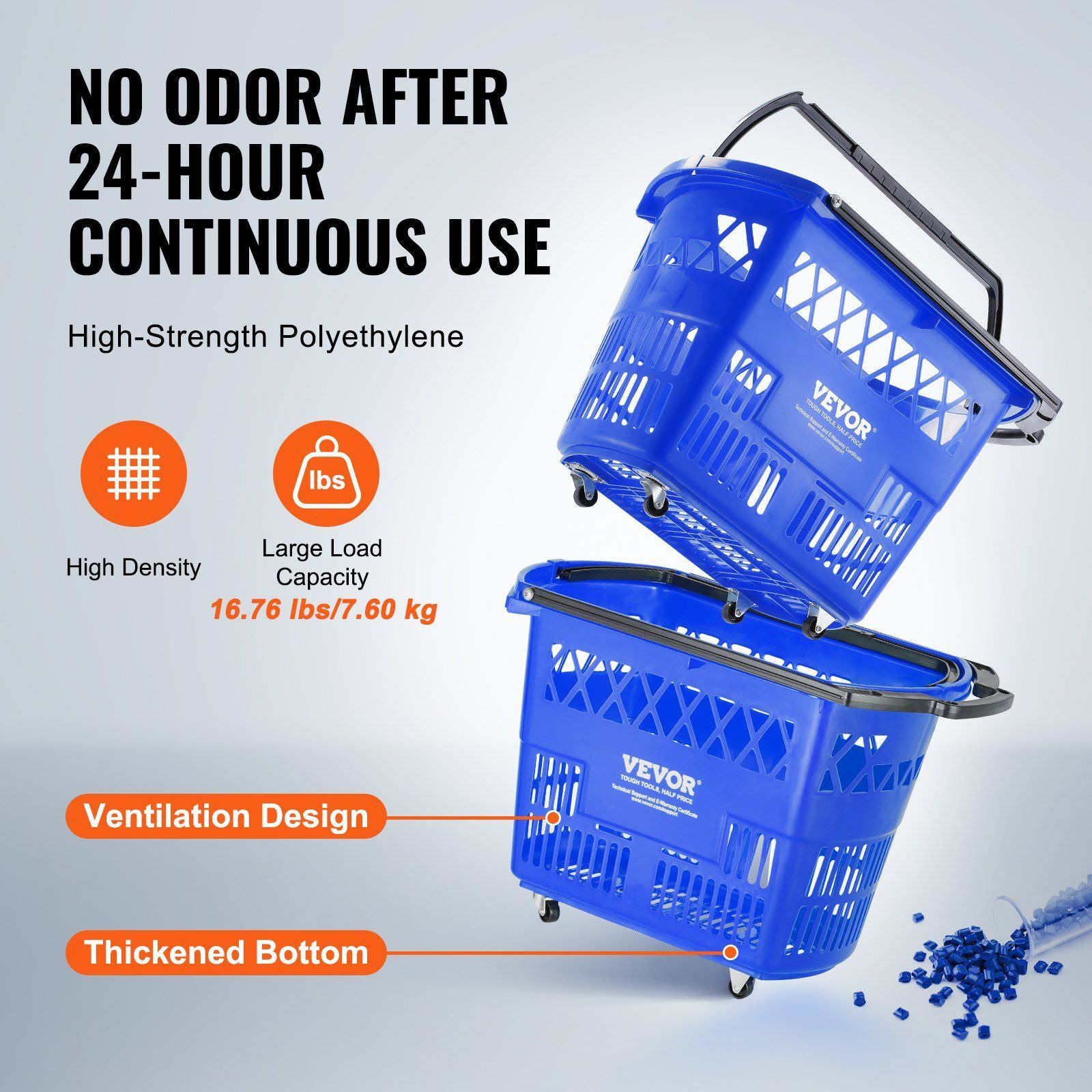 VEVOR Plastic Rolling Shopping Trolley Basket On Wheels 6PCS 39L with Handle