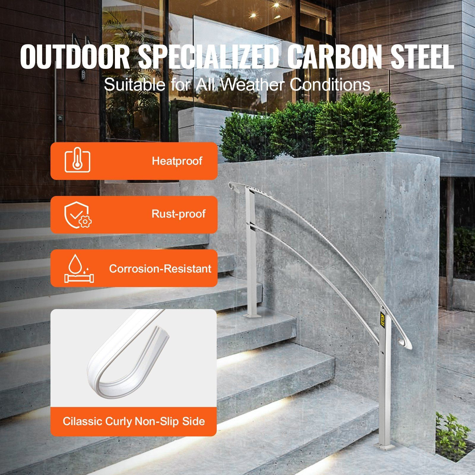 VEVOR Handrails for Outdoor Steps, Fit 1 or 4 Steps Outdoor Stair Railing, White Wrought Iron Handrail, Flexible Front Porch Hand Rail, Transitional Handrails for Concrete Steps or Wooden Stairs