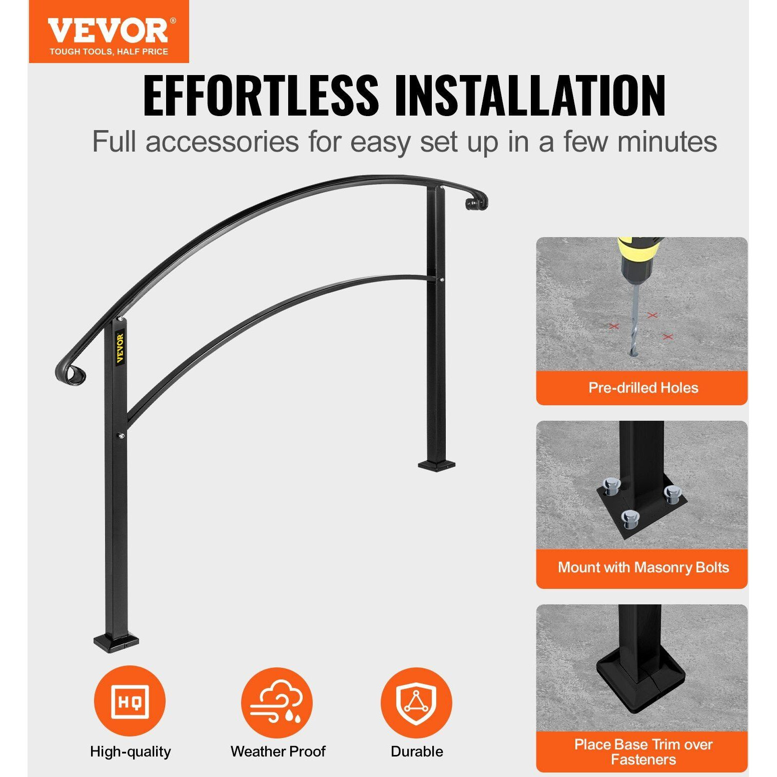 VEVOR 4-Step Handrail Fits 1 or 4 Steps Matte Black Stair Rail Wrought Iron Handrail with Installation Kit Hand Rails for Outdoor Steps
