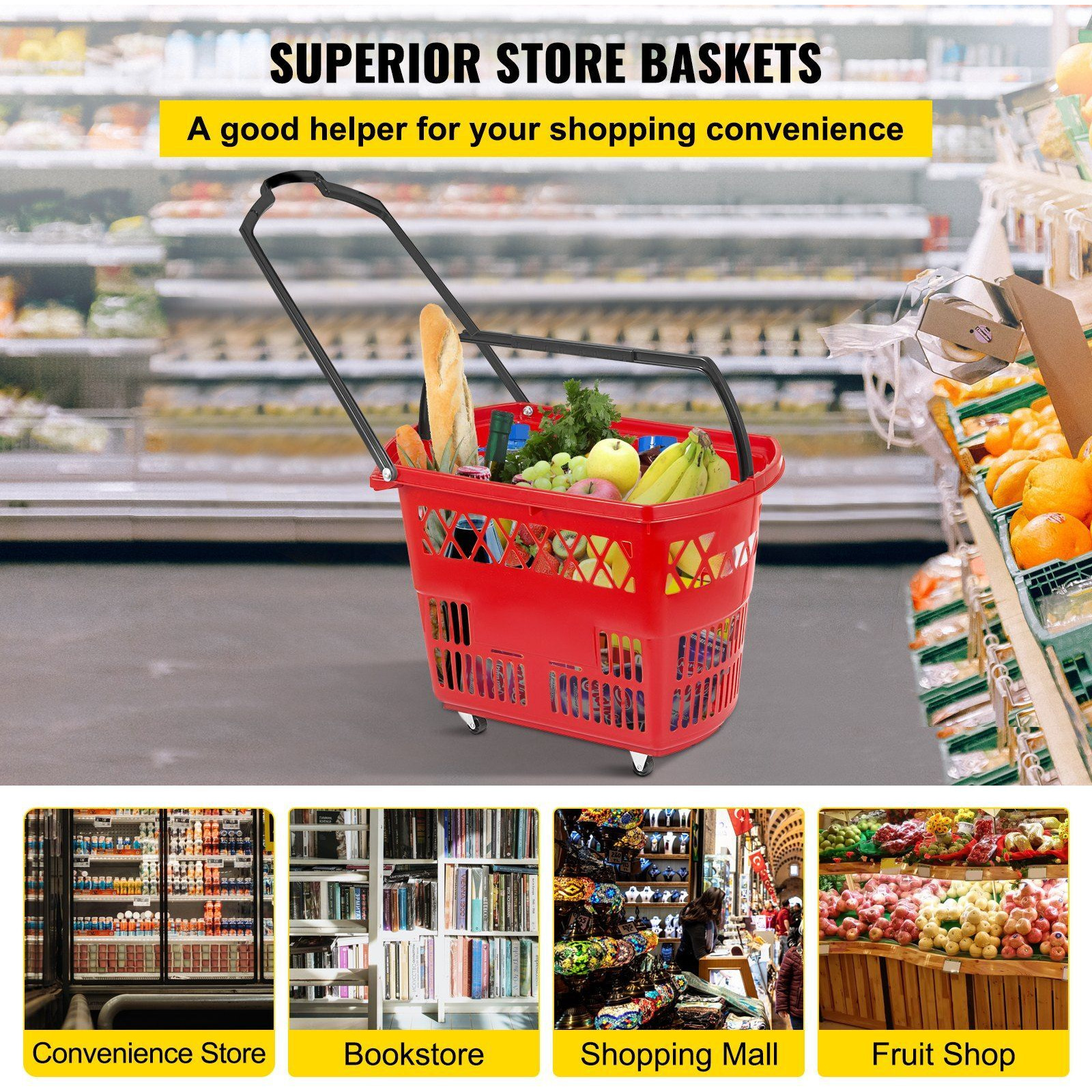 VEVOR 6PCS Shopping Carts, Plastic Rolling Shopping Basket with Wheels, Red Shopping Baskets with Handles, Portable Shopping Basket Set for Retail Store