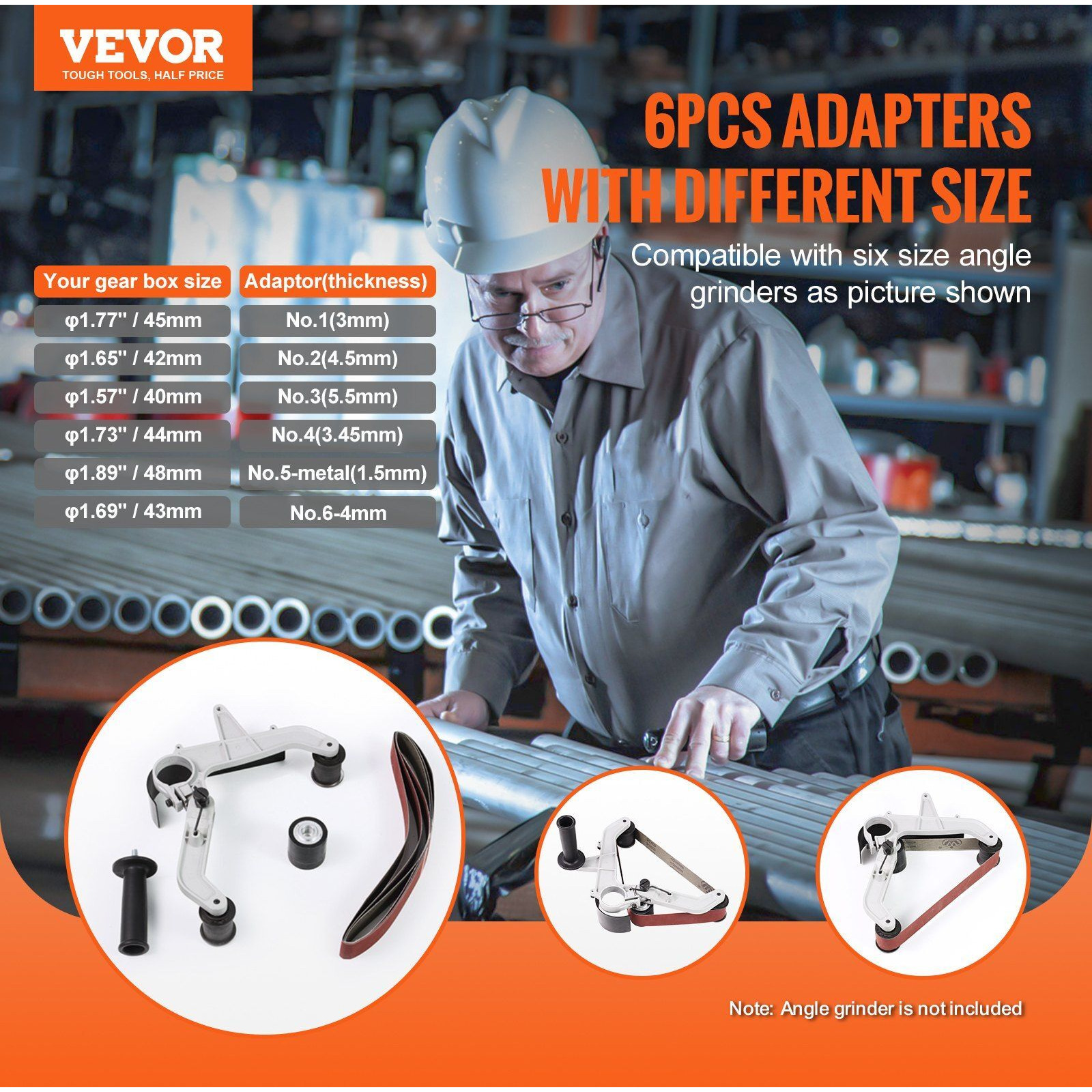 VEVOR Belt Sander Adapter for Angle Grinder, Pipe or Tube Sanding Attachment with 5/8-11" Imperial Thread and 10PCS Sanding Belts, Belt Sander Attachment Pipe Polishing Adapter for Rust Removal