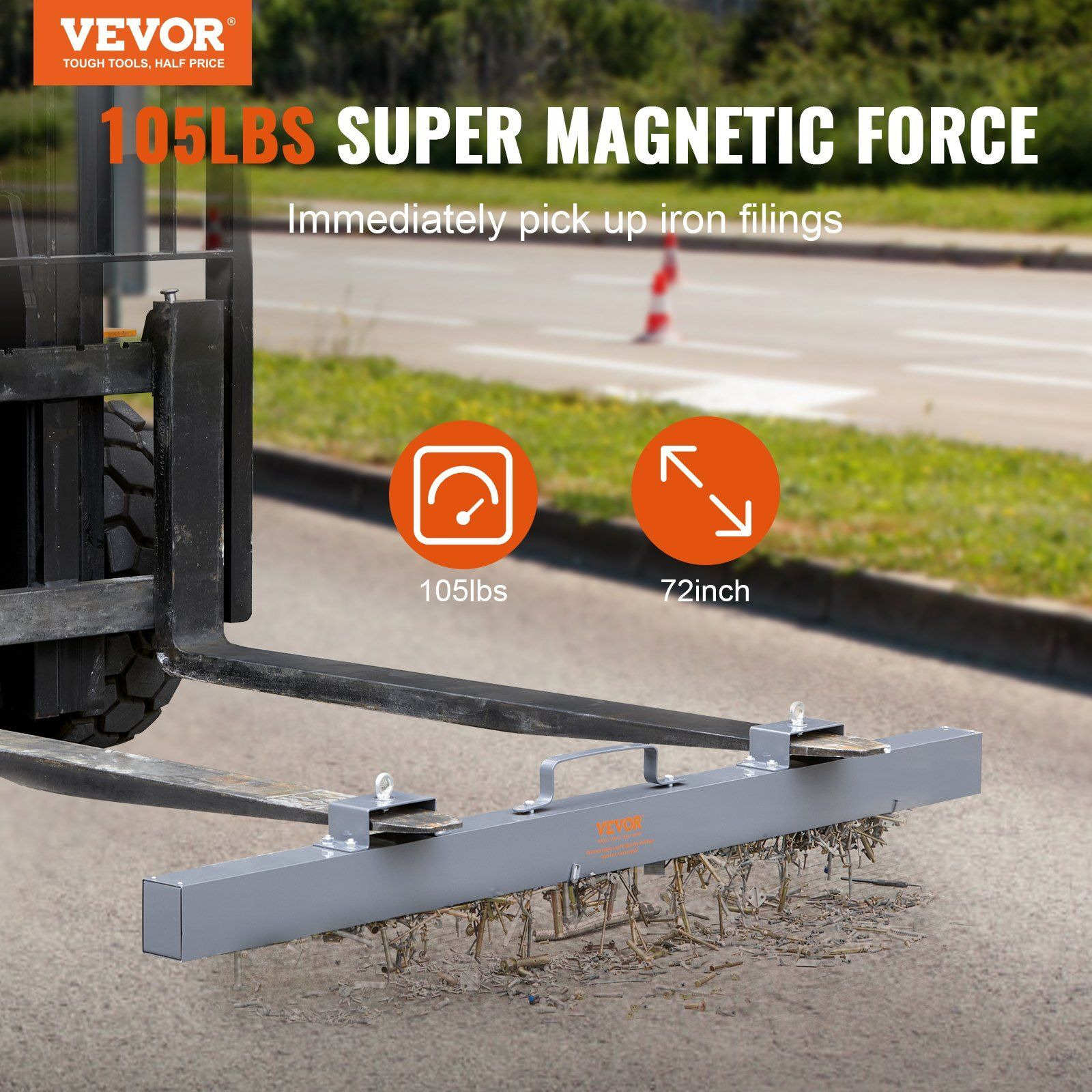 VEVOR 105lbs Hanging Magnetic Sweeper Pickup Tool, Nail Hang-Type Magnetic Forklift Sweeper, Industrial Grade Magnets Steel Material Hunting Accessories for Picking Up Bolts Nails Iron Chips Metals