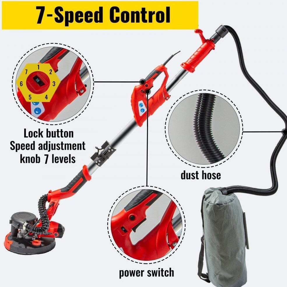 VEVOR Drywall Sander 850W Electric, Electric Sander Variable Speed 800-1750RPM, Drywall Sander Foldable Sheetrock Sander, with Telescope Handle, Vacuum Bag Drywall Sanders 6 Sand Pads