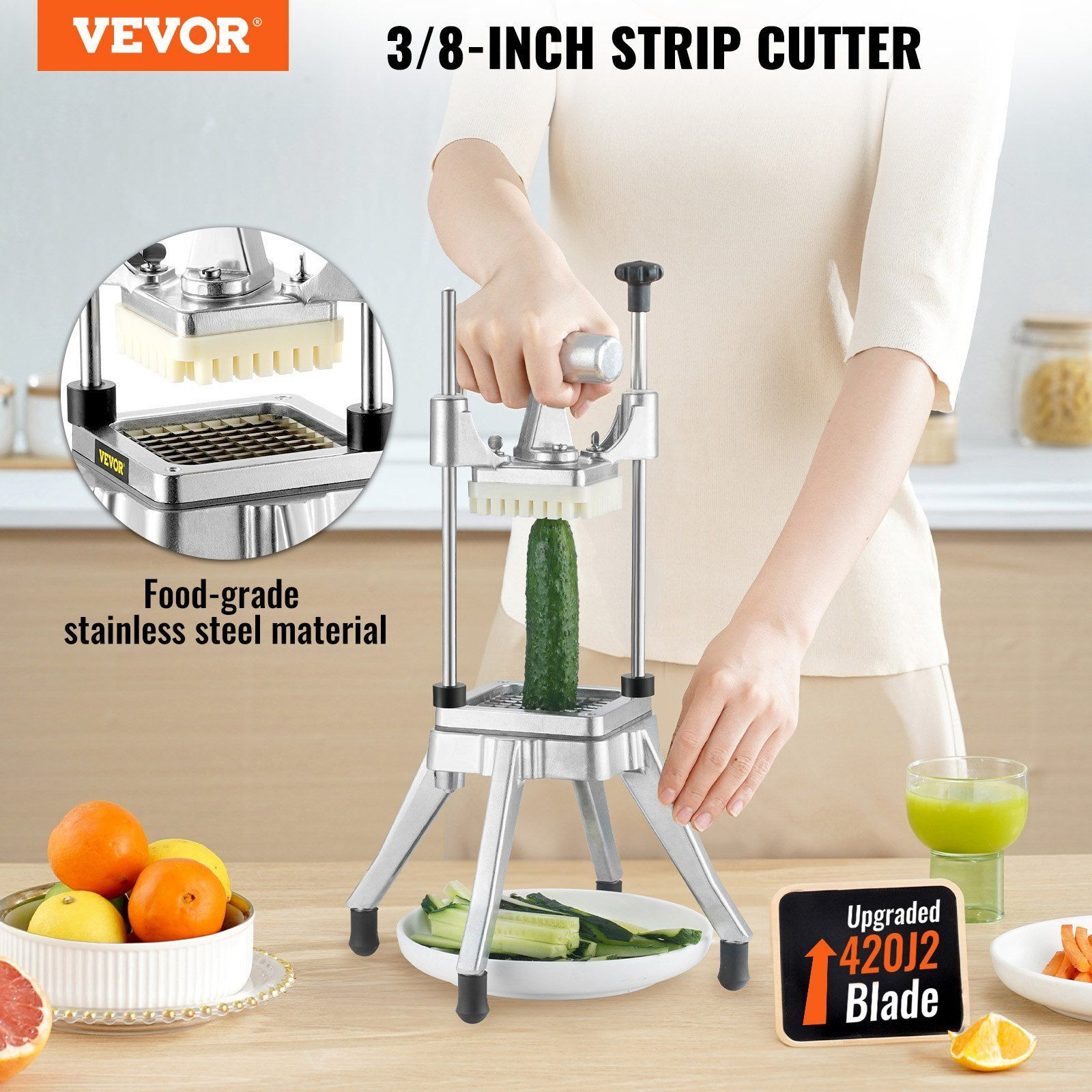 VEVOR Commercial Vegetable Fruit Chopper 3/8Blade Heavy Duty Professional Food Dicer Kattex French Fry Cutter Onion Slicer Stainless Steel for Tomato Peppers Potato Mushroom, Sliver