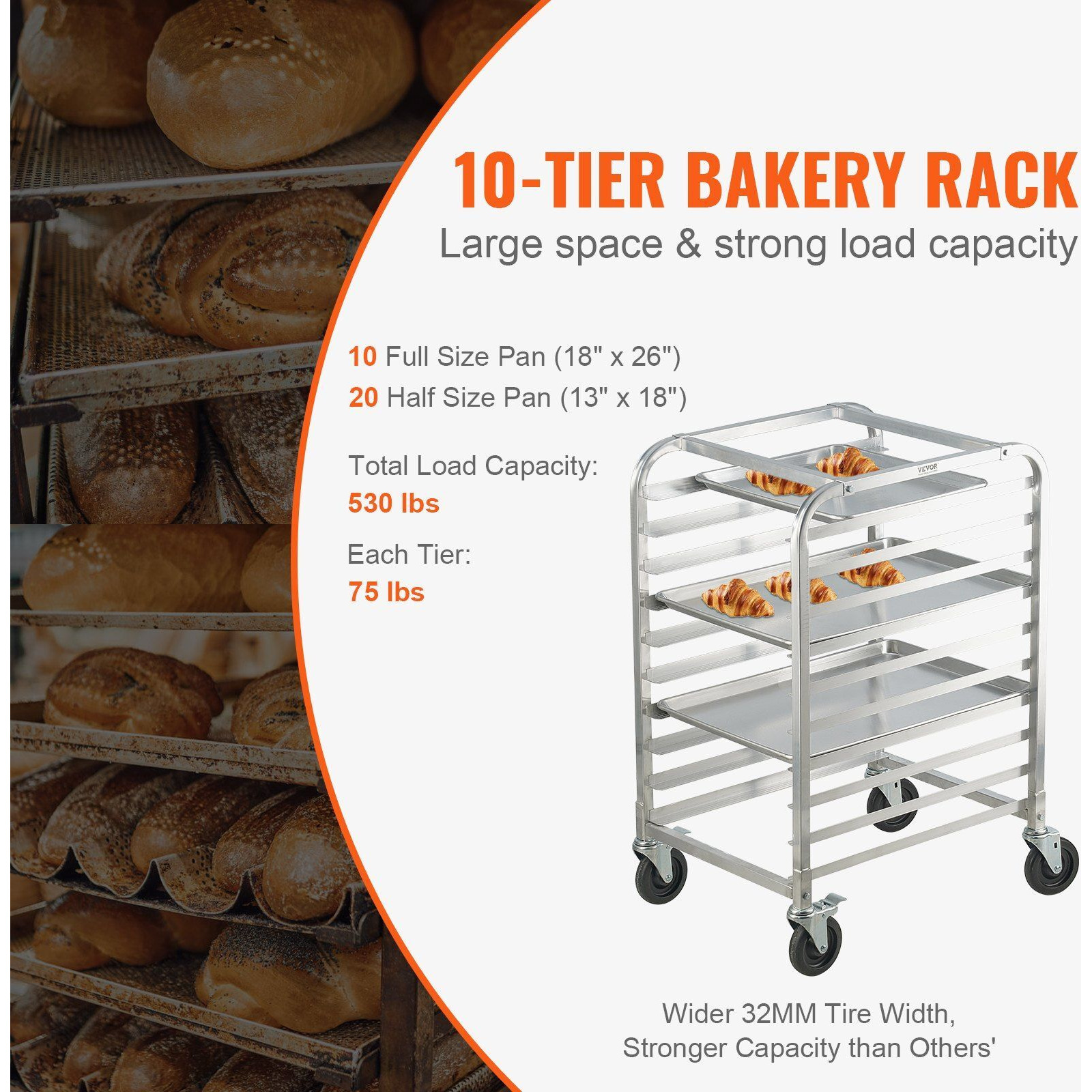 VEVOR Bun Pan Rack, 10-Tier Commercial Bakery Racks with Brake Wheels, Aluminum Racking Trolley Storage for Half & Full Sheet, Speed Rack For Kitchen Home, Bread Baking Equipment, 26&quotL x 20.3&quotW x 39&quotH