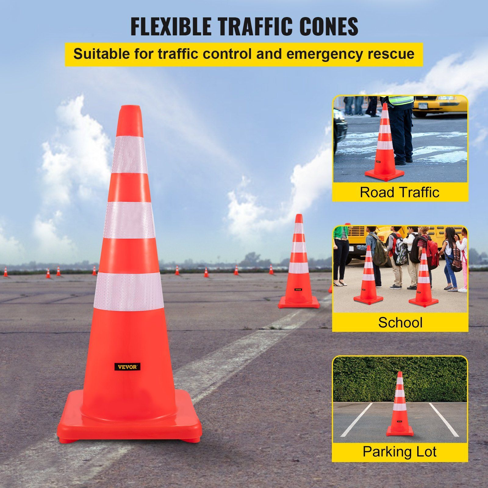 VEVOR Safety Cones, 6 x 36" Traffic Cones, PVC Orange Construction Cones, Reflective Collars Traffic Cones with Weighted Base Used for Traffic Control, Driveway Road Parking and School Improvement