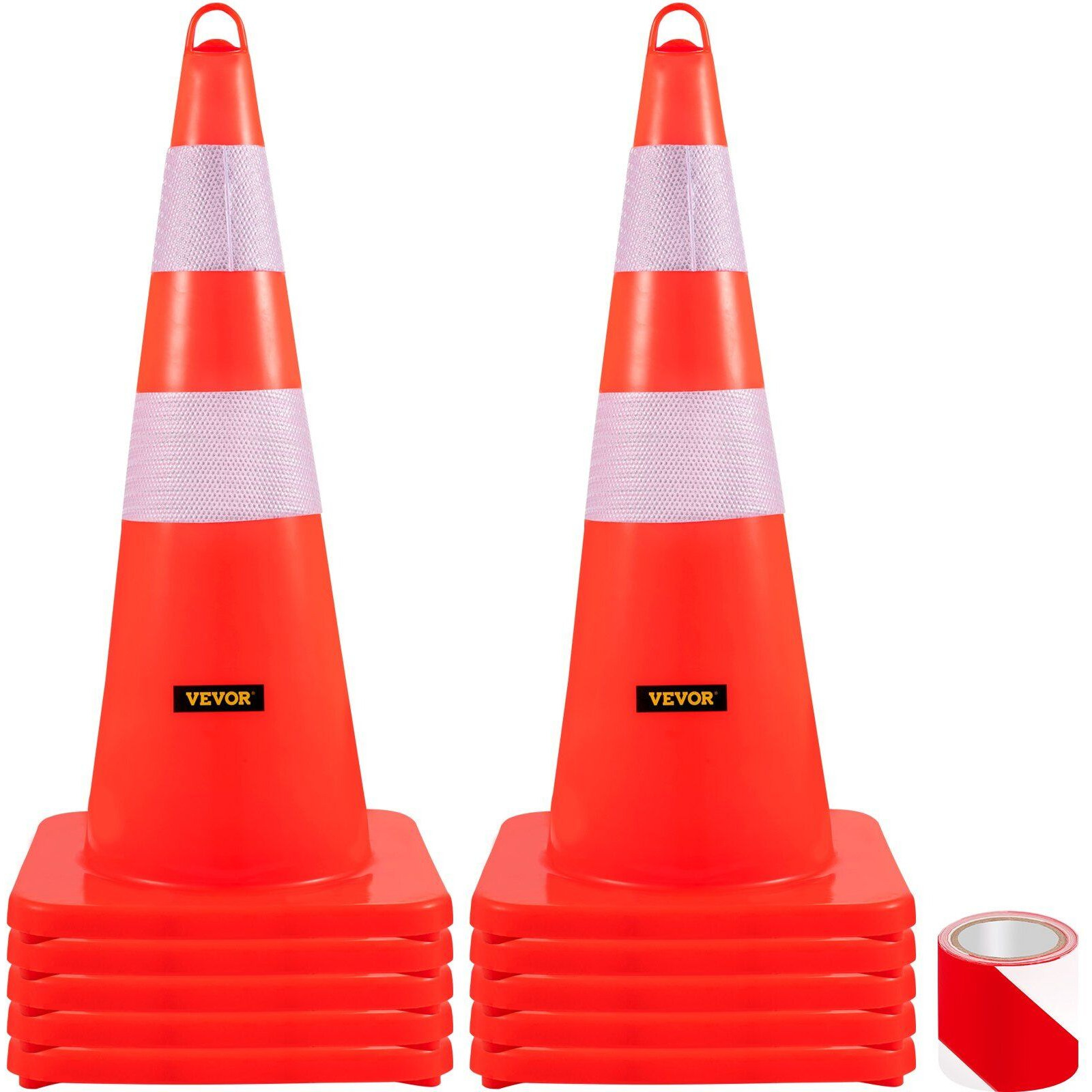 VEVOR Safety Cones, 10PCS 28" Traffic Cones, PVC Orange Construction Cones, 2 Reflective Collars Traffic Cones with Weighted Base and Hand-Held Ring Used for Traffic Control, Driveway Road Parking