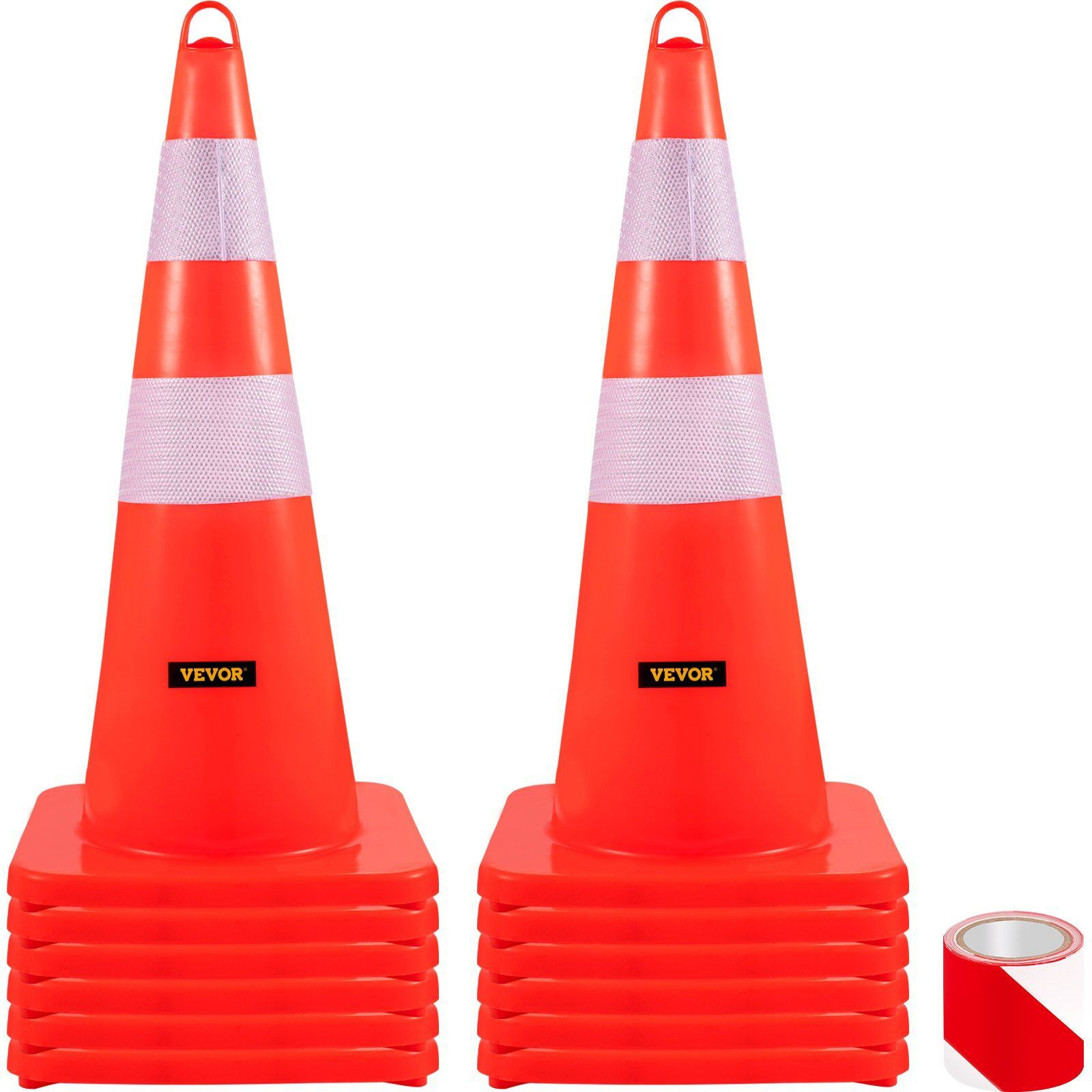 VEVOR Safety Cones, 12 x 28" Traffic Cones, PVC Orange Construction Cones, 2 Reflective Collars Traffic Cones with Weighted Base and Hand-Held Ring Used for Traffic Control, Driveway Road Parking
