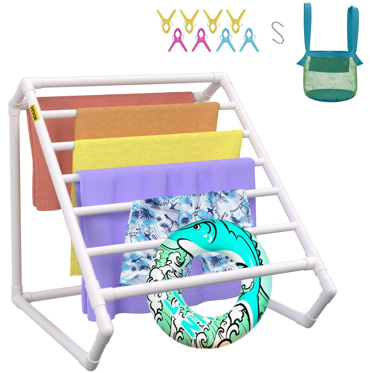 VEVOR Pool Towel Rack, 8 Bar, White, Freestanding Outdoor PVC Triangular Poolside Storage Organizer, Include 8 Towel Clips, Mesh Bag, Hook, Also Stores Floats and Paddles, for Beach, Swimming Pool