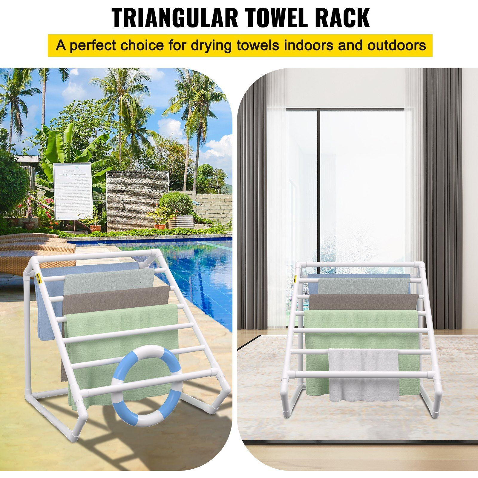 VEVOR Pool Towel Rack, 8 Bar, White, Freestanding Outdoor PVC Triangular Poolside Storage Organizer, Include 8 Towel Clips, Mesh Bag, Hook, Also Stores Floats and Paddles, for Beach, Swimming Pool