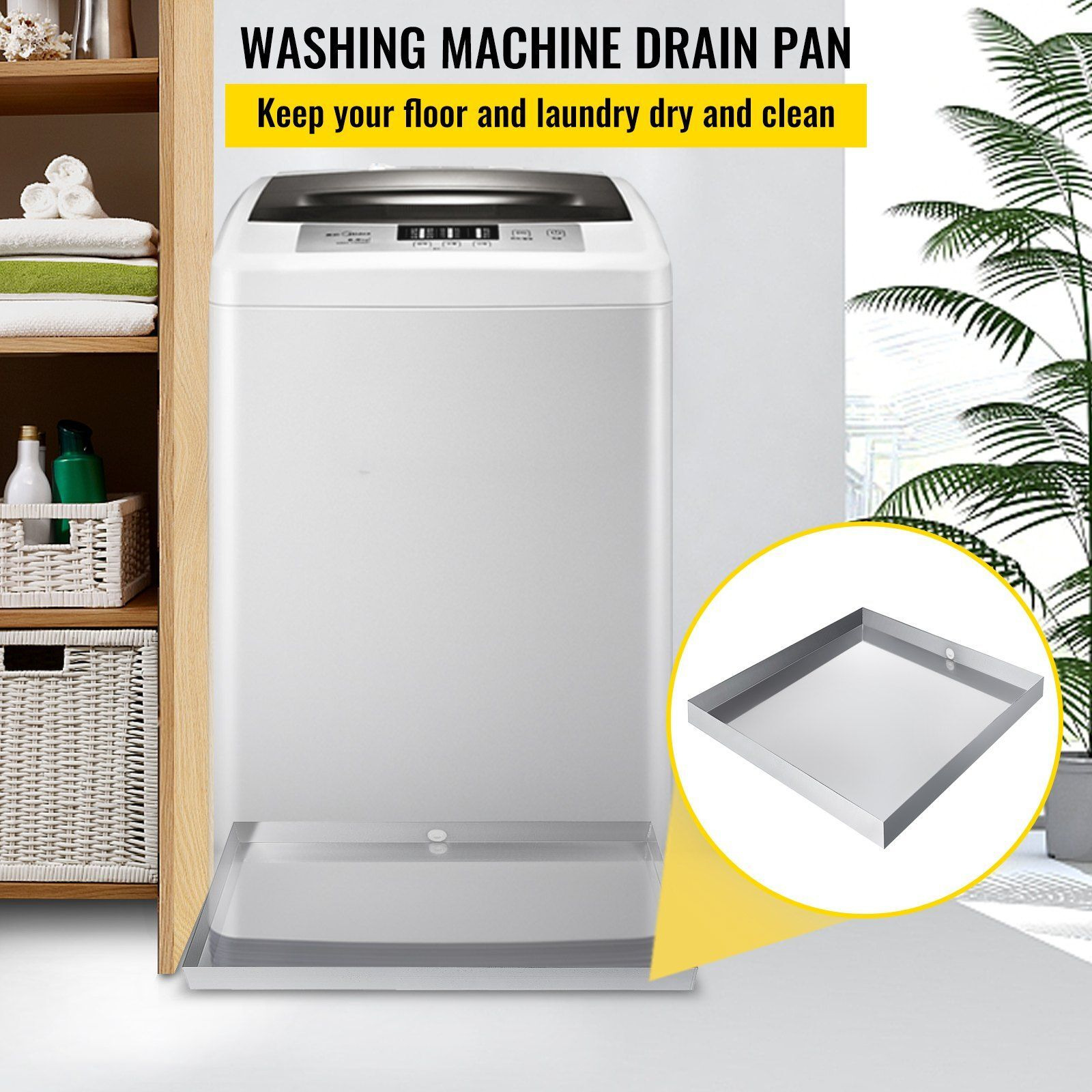 VEVOR 32 x 30 x 2.5 Inch Washing Machine Pan 18 GA Thickness 304 Stainless Steel Heavy Duty Compact Washer Drip Tray with Drain Hole & Hose Adapter