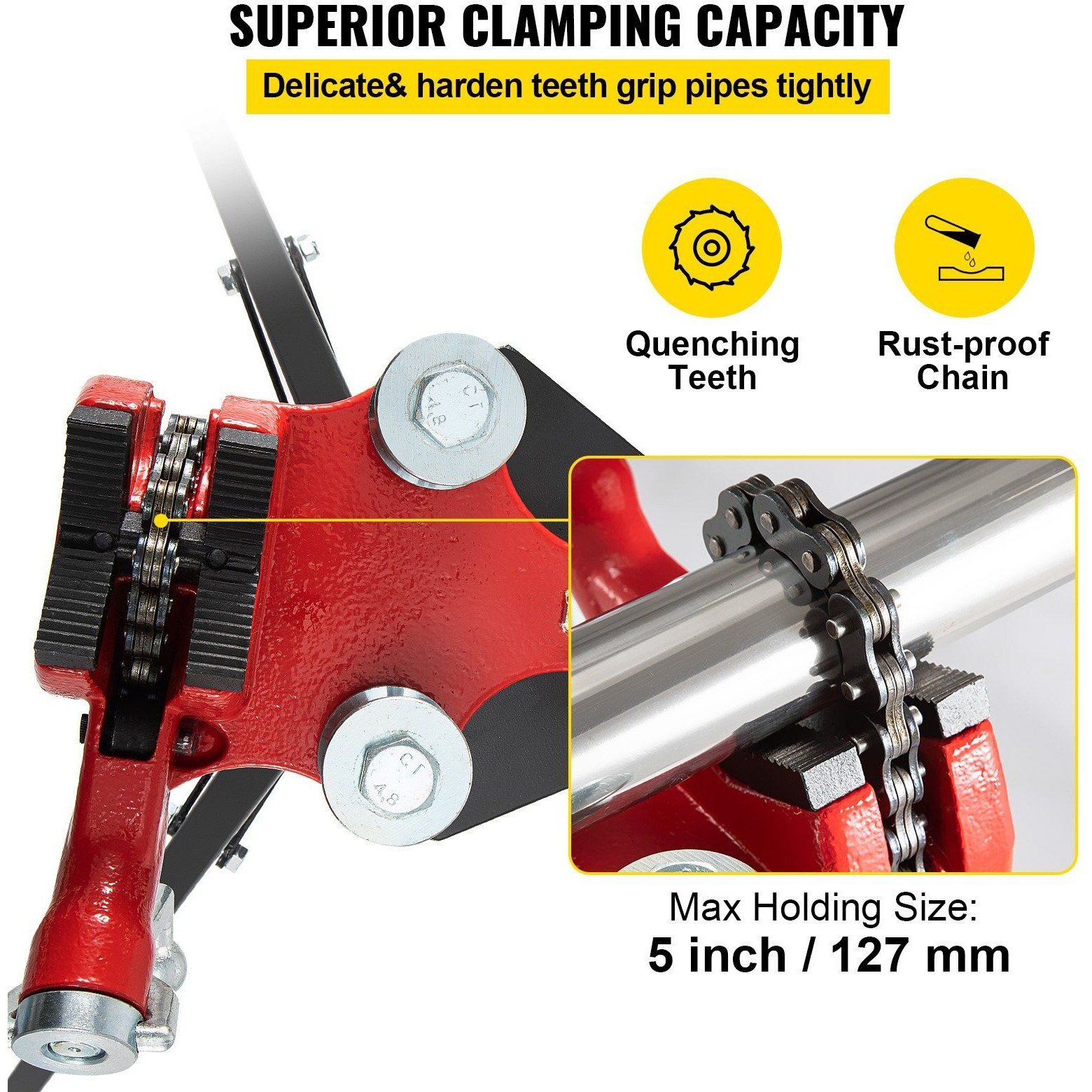 VEVOR Tripod Pipe Chain Vise, 1/8"-5" Pipe Capacity, 36.4' Length Chain Vise Stand with Portable Folding Steel Legs, for Grabbing, Supporting and Bending Pipes in Factory, Workshop and Home
