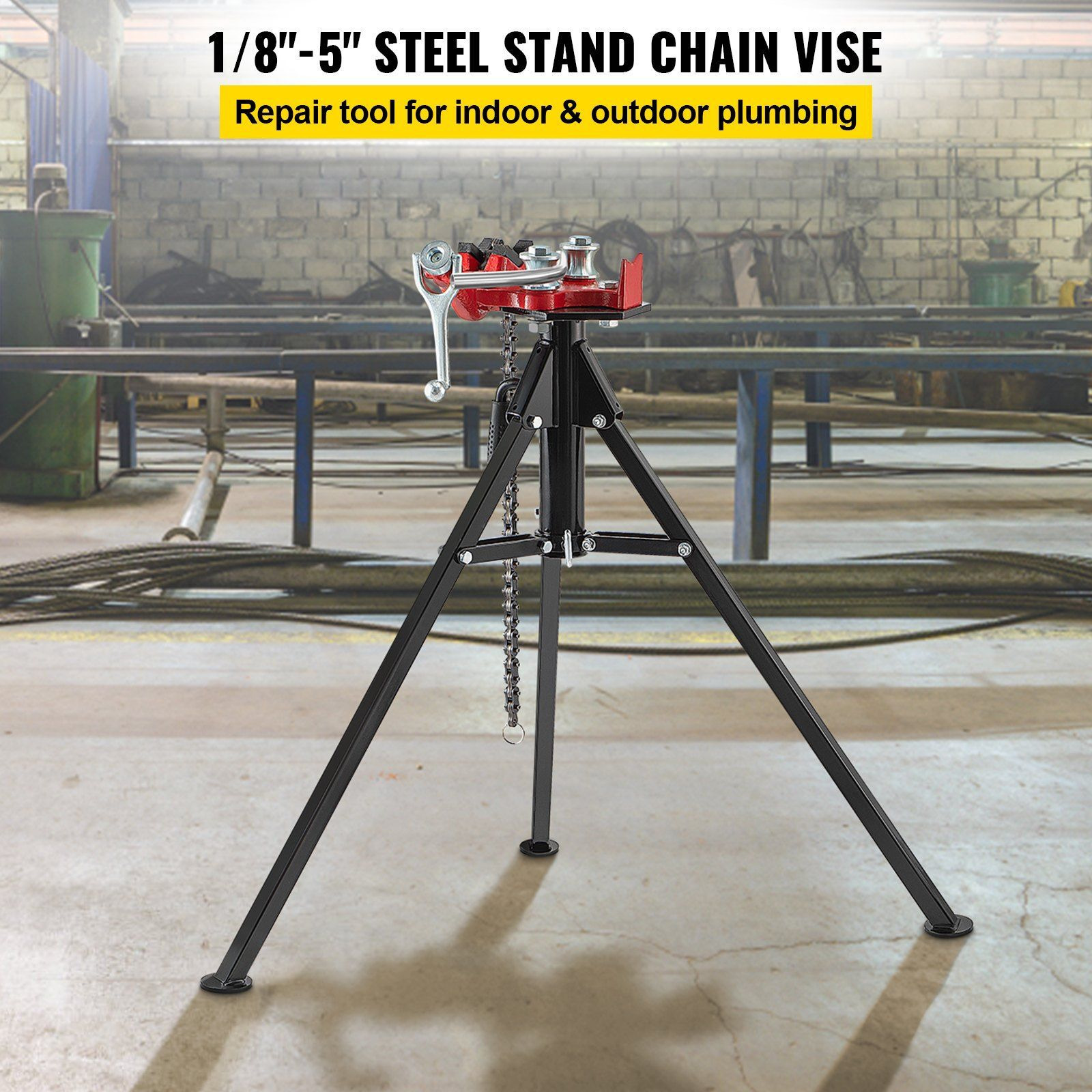 VEVOR Tripod Pipe Chain Vise, 1/8"-5" Pipe Capacity, 36.4' Length Chain Vise Stand with Portable Folding Steel Legs, for Grabbing, Supporting and Bending Pipes in Factory, Workshop and Home
