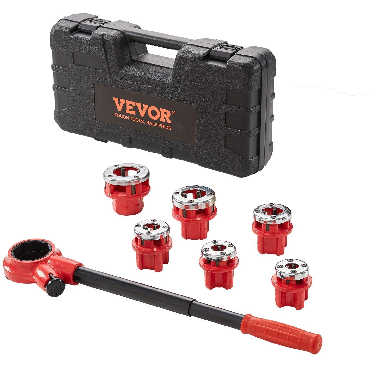 VEVOR Ratchet Pipe Threader Kit, 1/4" NPT - 1-1/4" NPT Manual Ratcheting Pipe Threader, Portable Pipe Threading Tool Set with 6PCS NPT Dies, Storage Case for Galvanized Aluminum Iron Copper Pipes