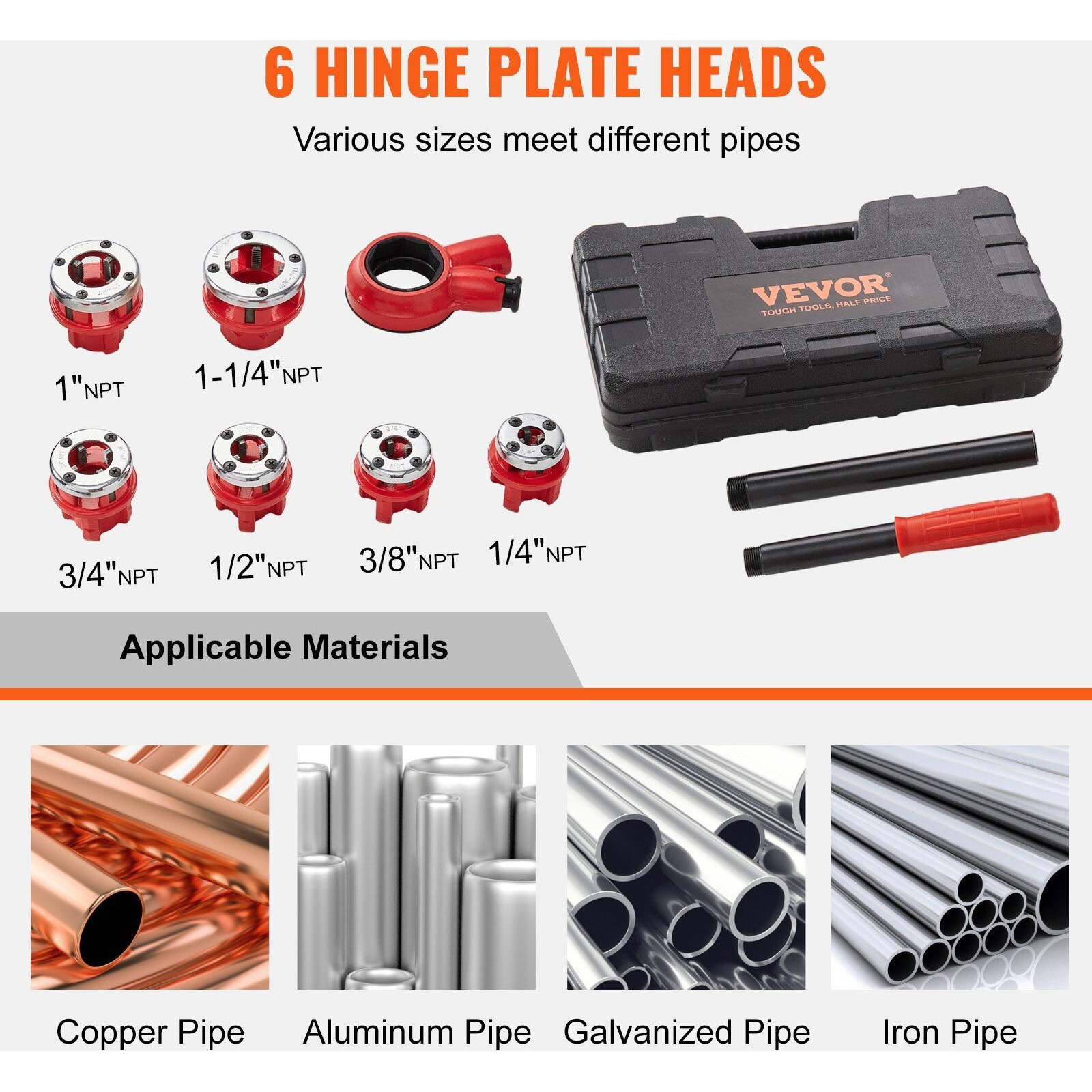 VEVOR Ratchet Pipe Threader Kit, 1/4" NPT - 1-1/4" NPT Manual Ratcheting Pipe Threader, Portable Pipe Threading Tool Set with 6PCS NPT Dies, Storage Case for Galvanized Aluminum Iron Copper Pipes