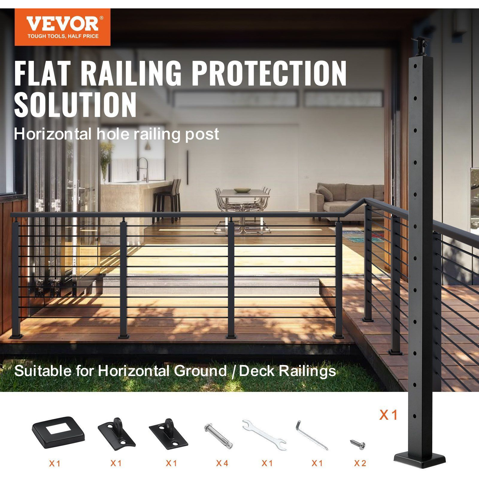 VEVOR Cable Railing Post Level Deck Stair Post 42 x 0.98 x 1.97" Cable Handrail Post Stainless Steel Brushed Finishing Deck Railing Pre-Drilled Pickets with Mounting Bracket Stair Railing Kit Black