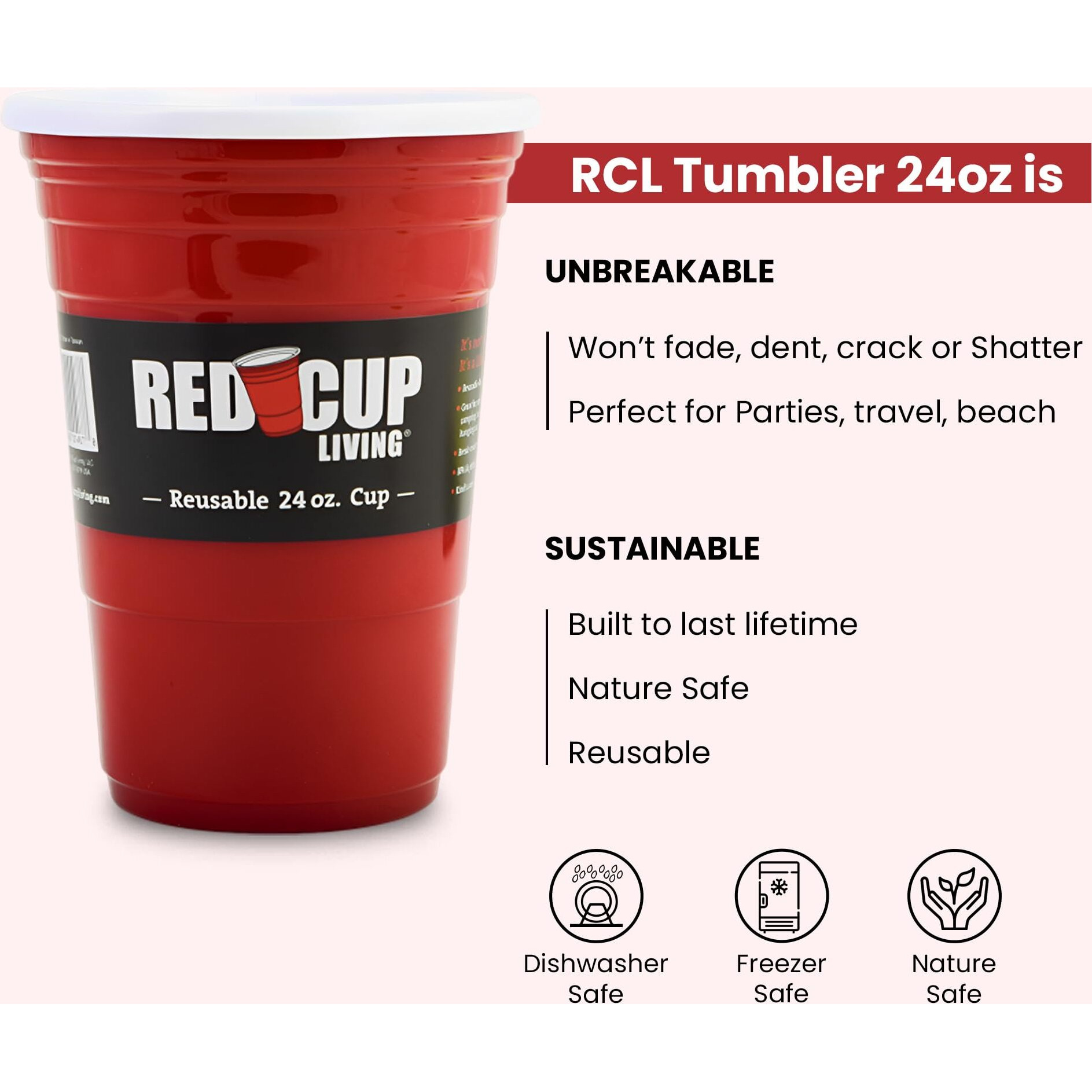 Red Cup Living 24 Oz Red Cups - Reusable Large Plastic Cups, Ideal for Parties & Travel | Leak-Proof Coffee Tumbler, Valentine's Gifts, BPA-Free (1, 24 Oz)