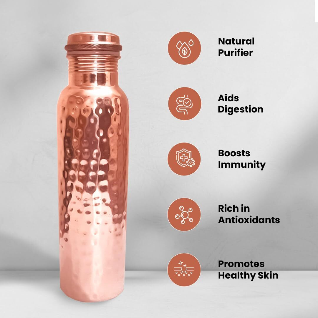 STORE INDYA 100% Pure Copper Drinking Water Bottle, 30 Oz, Handcrafted Hammered Ayurvedic Vessel with Leak-Proof Lid, Smooth Finish, Perfect for Health Benefits and Hydration