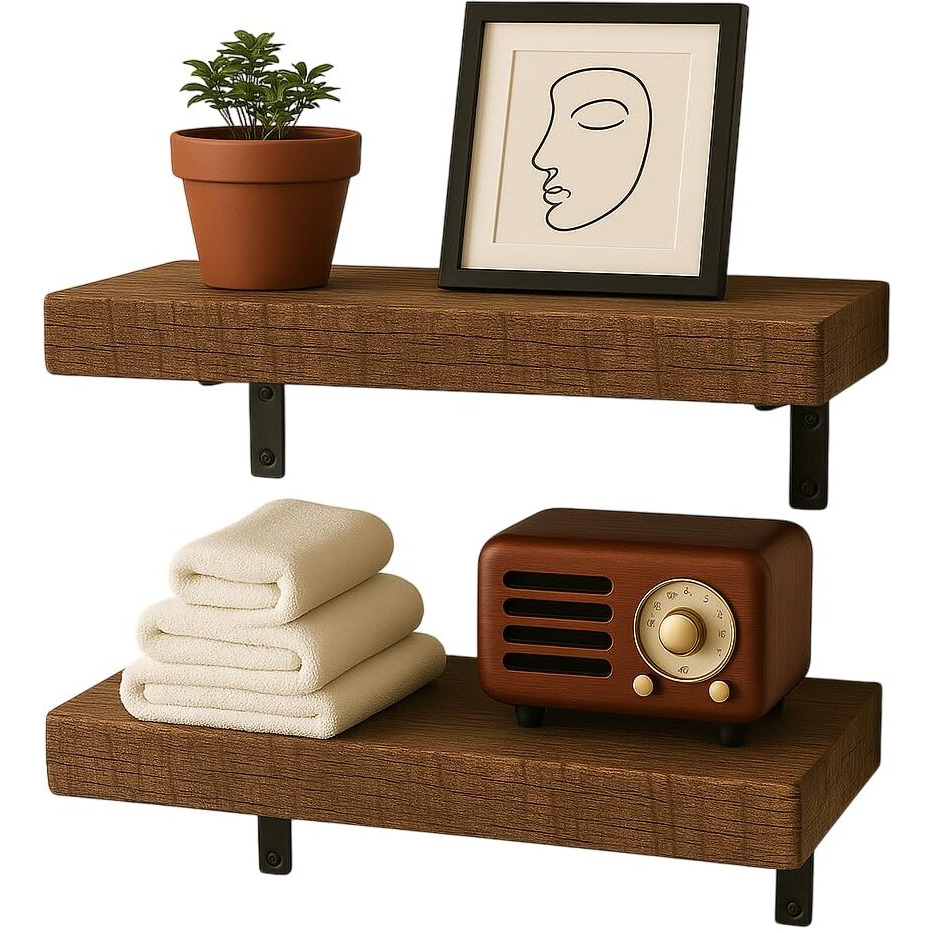 STORE INDYA Floating Shelves for Wall  Solid Wood Rustic Hanging Shelves, Wall Mounted for Bathroom, Bedroom, Living Room, Kitchen, Office, Farmhouse Decor | 16.5 Inch, Set of 2 (Rustic Brown)