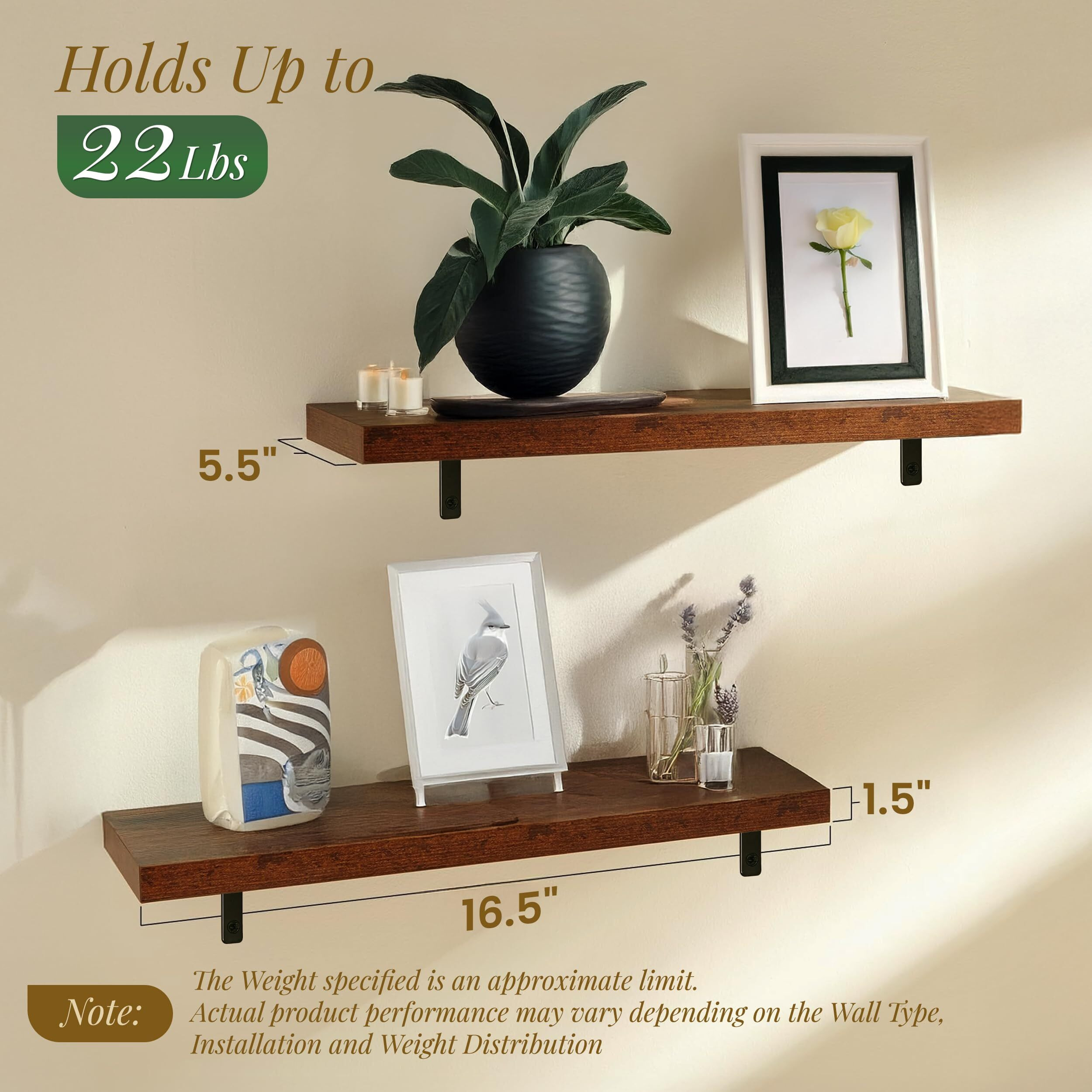 STORE INDYA Floating Shelves for Wall  Solid Wood Rustic Hanging Shelves, Wall Mounted for Bathroom, Bedroom, Living Room, Kitchen, Office, Farmhouse Decor | 16.5 Inch, Set of 2 (Rustic Brown)