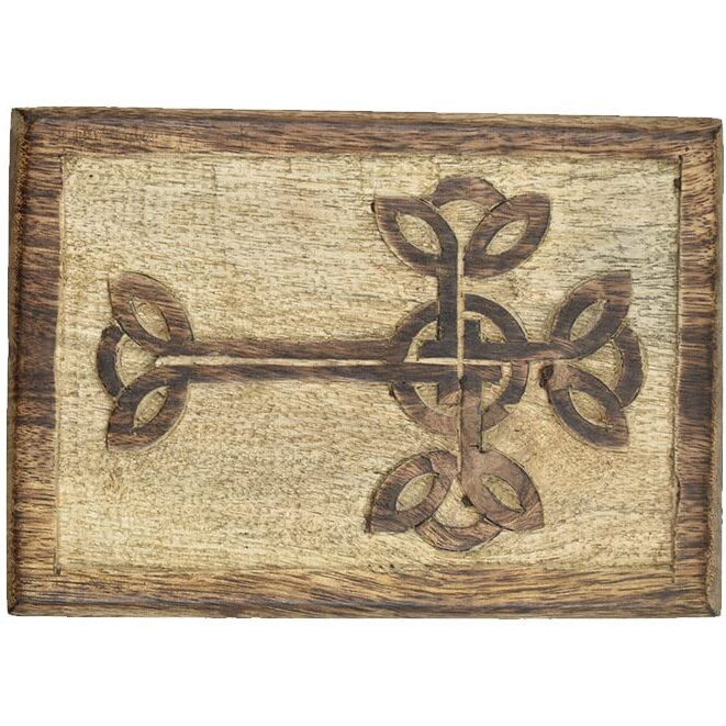 Store Indya Wooden Hand Carved Decorative Box with Cross Celtic Carving On Top | Treasure Box Jewelry Organizer Keepsake Box Treasure Chest Trinket Holder Watch Box Gifts for her Girl Women